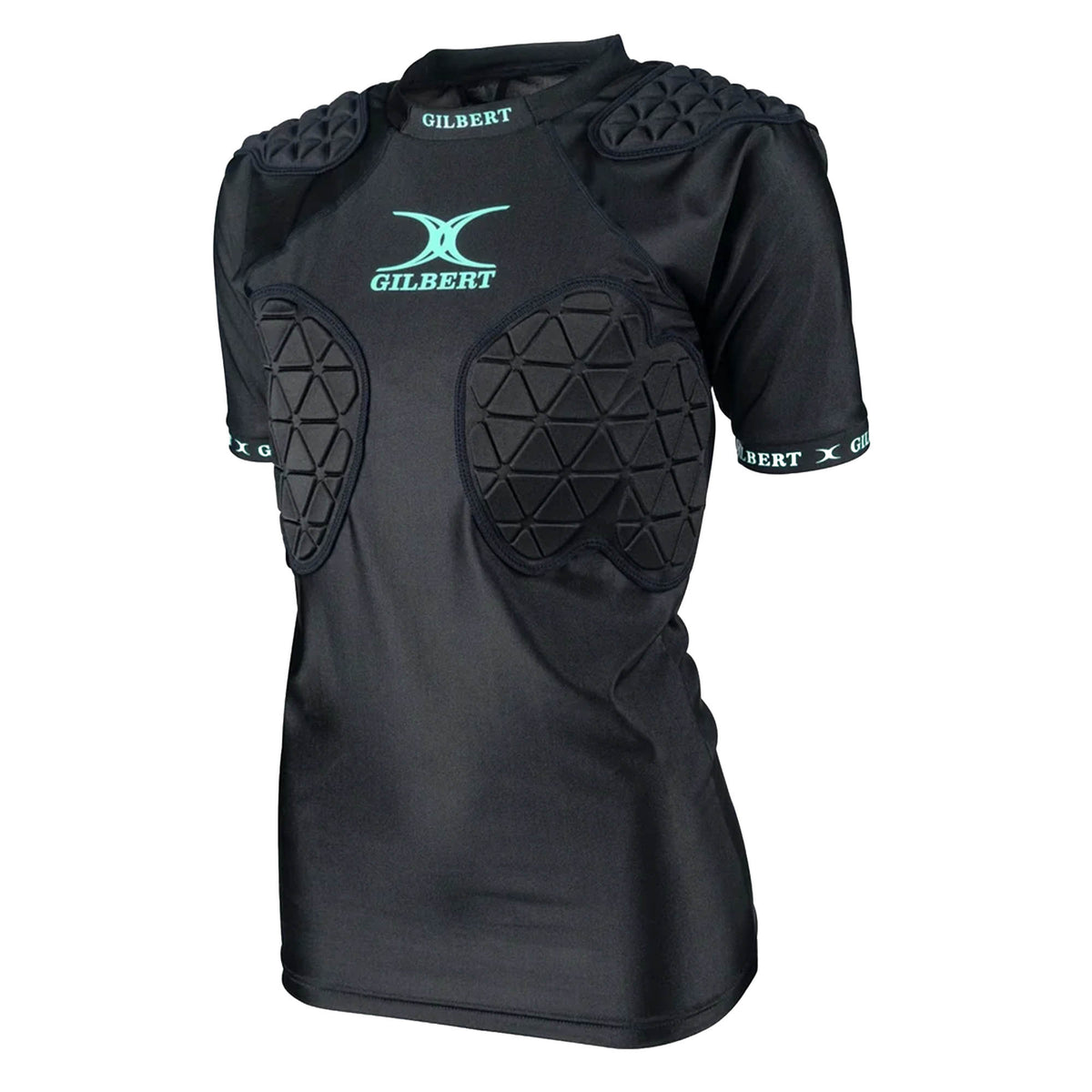 Women's Triflex V3 Body Armour by Gilbert, a black sports shirt featuring lightweight protective padding and padded shoulders and chest panels with advanced Triflex V3 technology, designed for protection in contact sports such as women's rugby body armour, displayed on a plain white background.