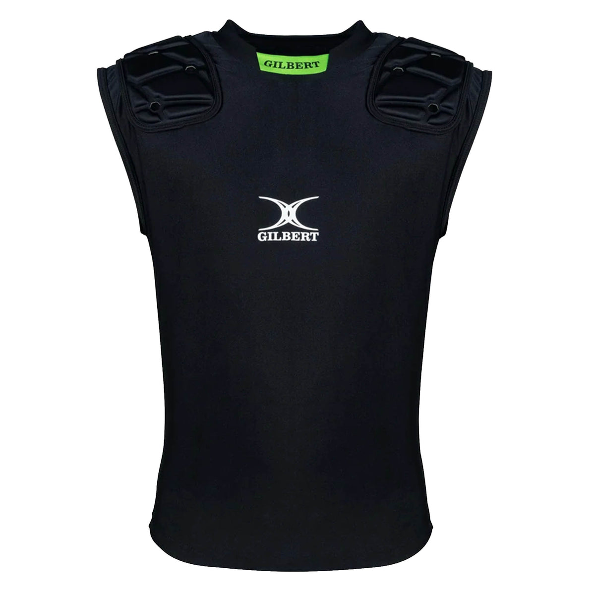 The Gilbert Vapour Vest is a black sleeveless rugby body armor shirt featuring padded shoulders and a white Gilbert logo on the chest. Designed by Gilbert as a breathable sports vest, this shoulder pad offers superior impact absorption to keep you protected and comfortable on the field.