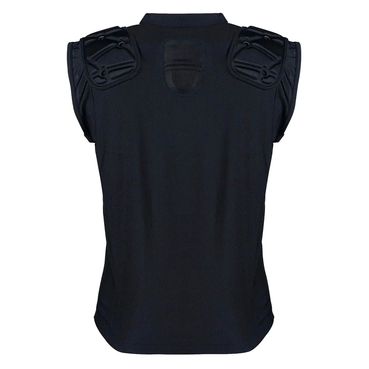The Gilbert Vapour Vest by Gilbert is a black sleeveless protective vest shown from the back, featuring padded shoulder guards and a small padded area at the upper center for enhanced impact absorption—ideal as rugby body armor or a breathable sports vest.
