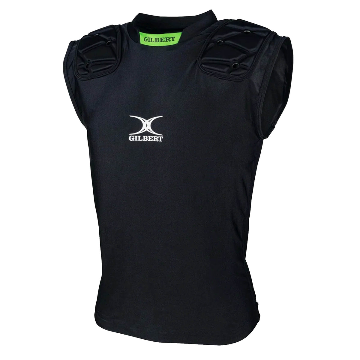 The Gilbert Vapour Vest is a black sleeveless rugby shoulder pad shirt featuring the Gilbert logo on the front. Designed for comfort and protection, it includes foam padding on both shoulders for excellent impact absorption, and the breathable material ensures maximum comfort throughout every game.