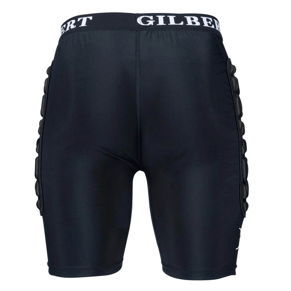 Gilbert XP25 Protective Shorts in black, featuring side padding and "GILBERT" branding on the waistband, seen from the back and designed to provide reliable compression and impact protection.