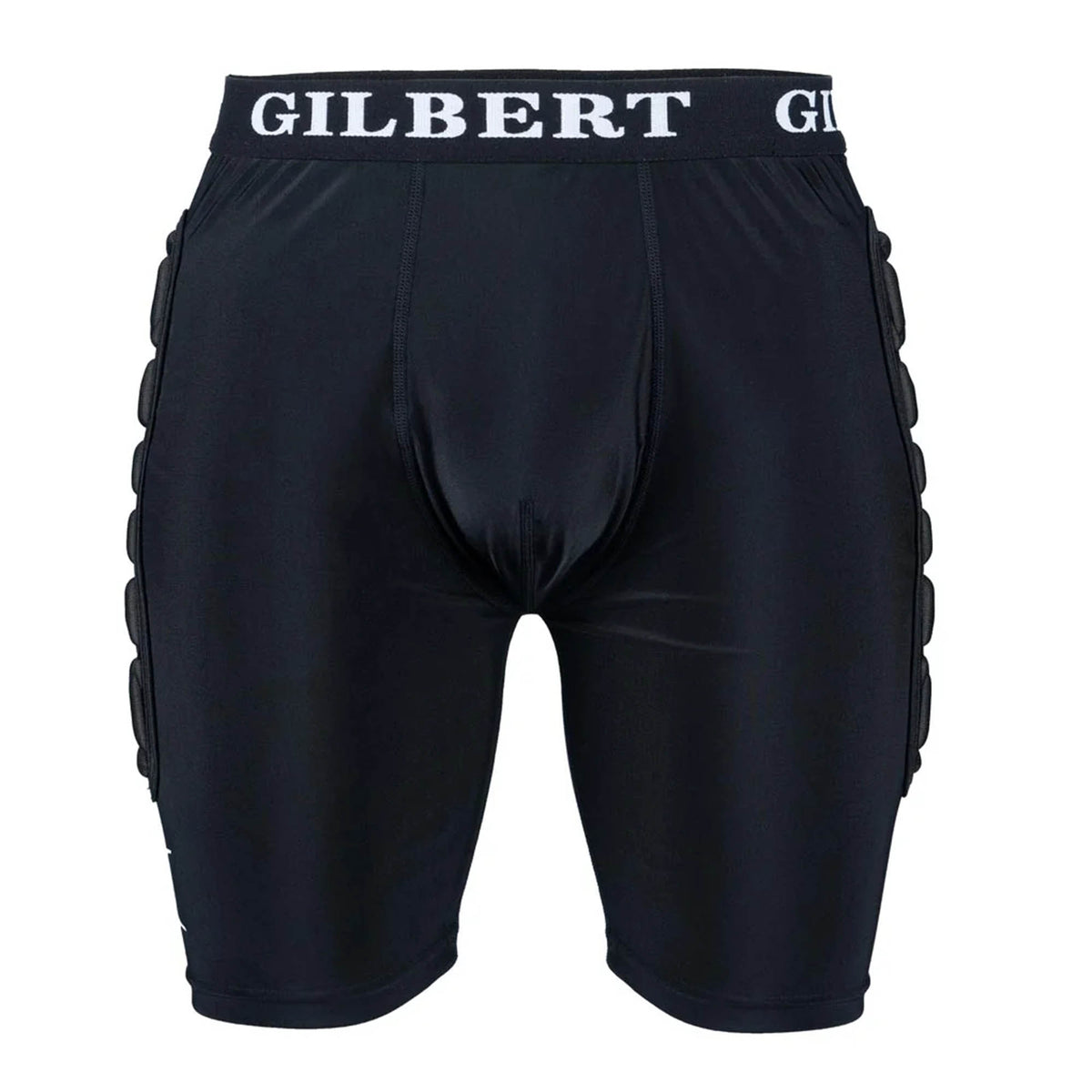 The Gilbert XP25 Protective Shorts, featuring the "Gilbert" branding on the waistband, are black padded rugby compression shorts displayed against a white background. Designed for impact protection during play, these shorts provide both comfort and durability.