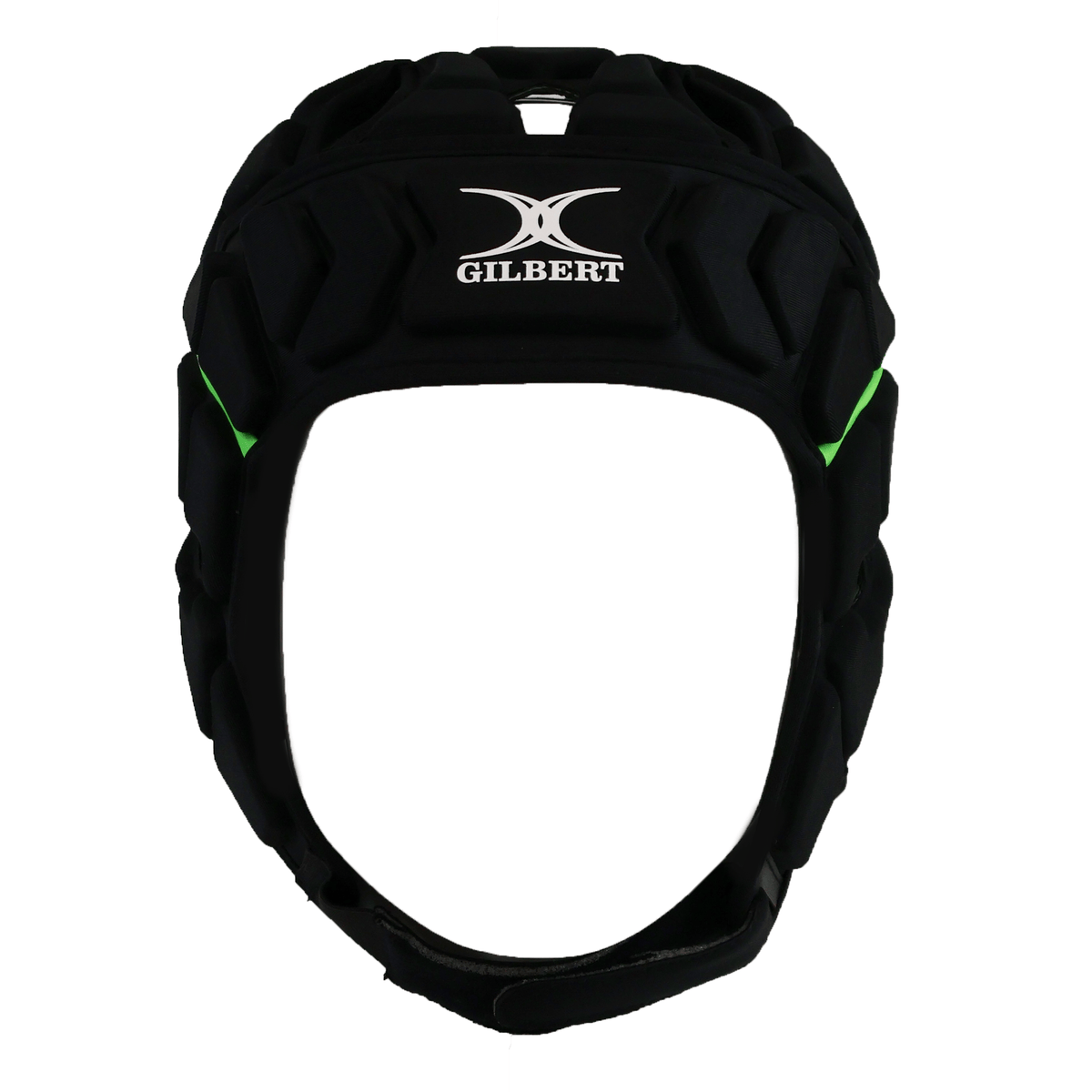The Gilbert Fusion 3-32 Headguard is black with green accents, shown front-facing, and features a white Gilbert logo on the forehead plus Crash Cloud Technology for enhanced impact absorption.