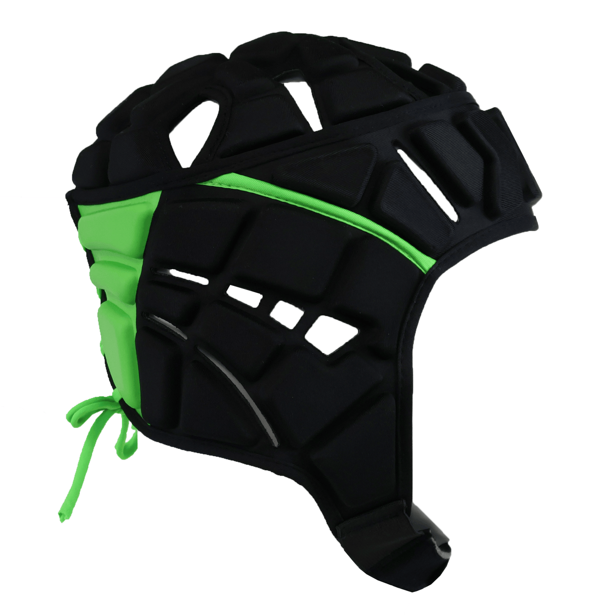 The Gilbert Fusion 3-32 Headguard by Gilbert is a black and green padded rugby headguard with cut-out sections, impact absorption, and an adjustable back tie, shown from the side.