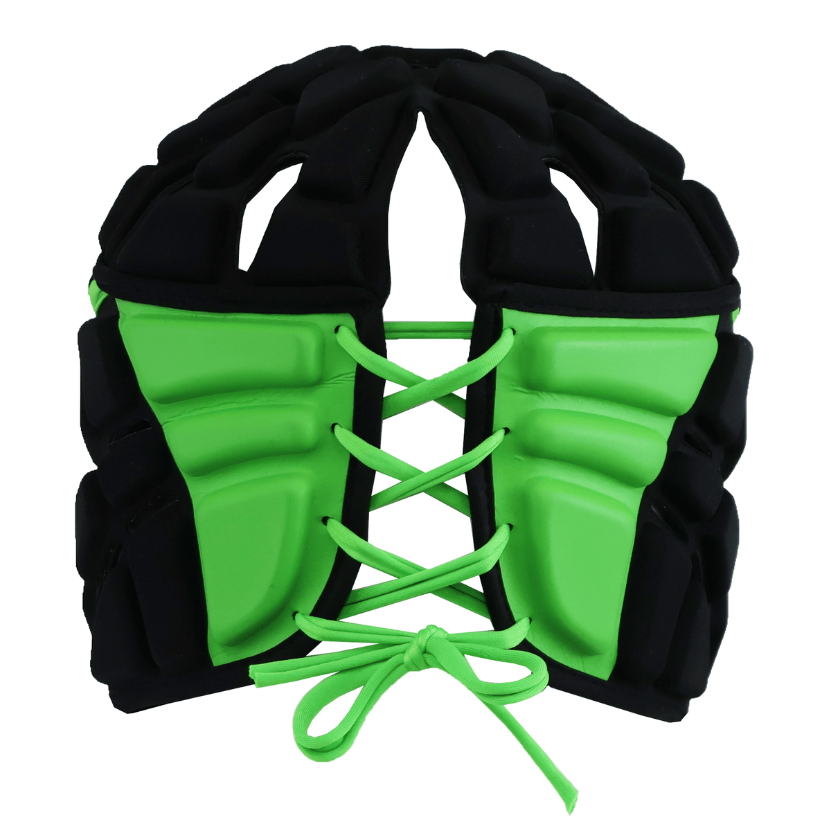 The Gilbert Fusion 3-32 Headguard by Gilbert is a padded black and green headguard with molded segments, advanced impact absorption, and a lace-up front for superior protection and comfort.