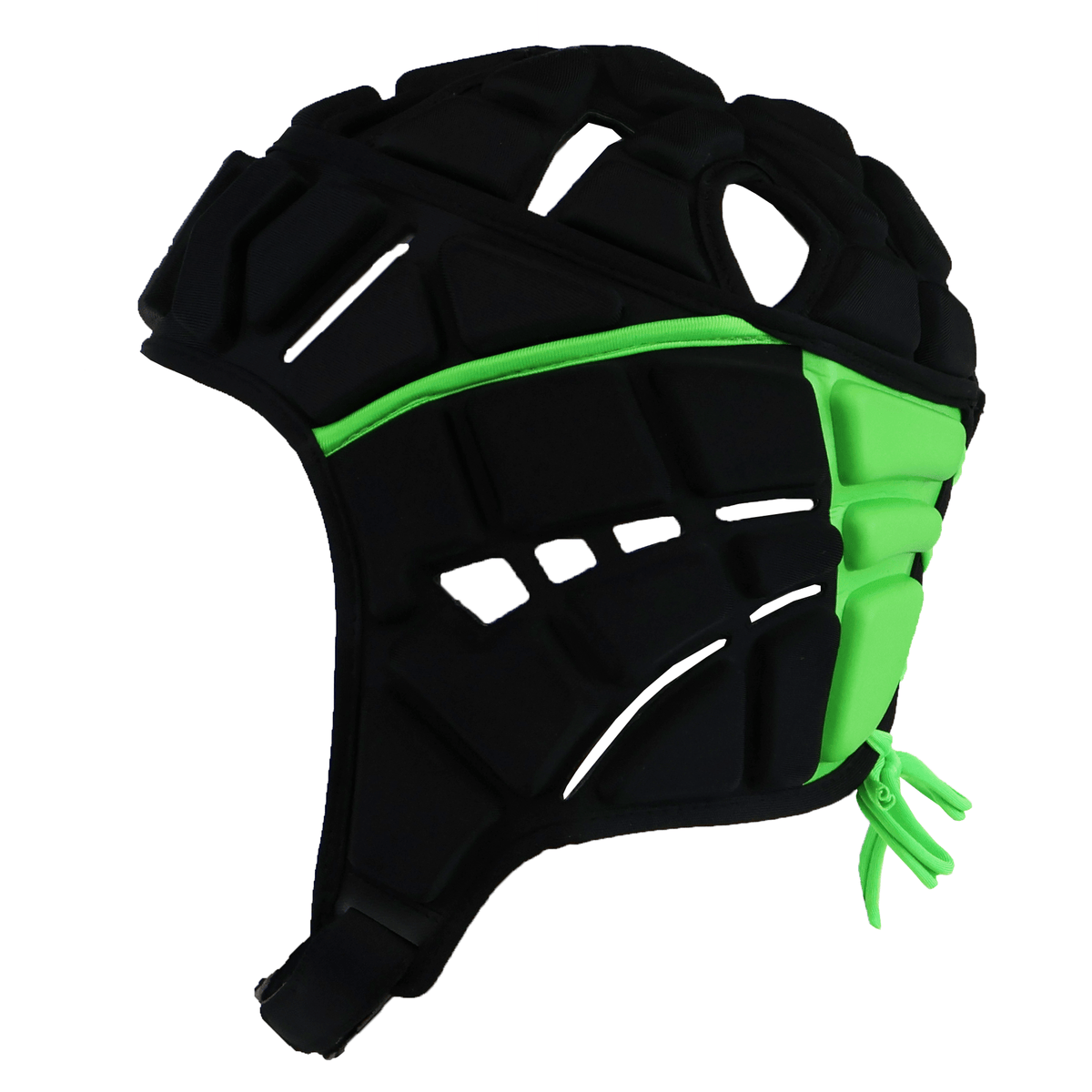The Gilbert Fusion 3-32 Headguard by Gilbert is a black and green padded rugby headguard with chin strap, shown from the side, featuring Crash Cloud Technology for superior impact absorption.