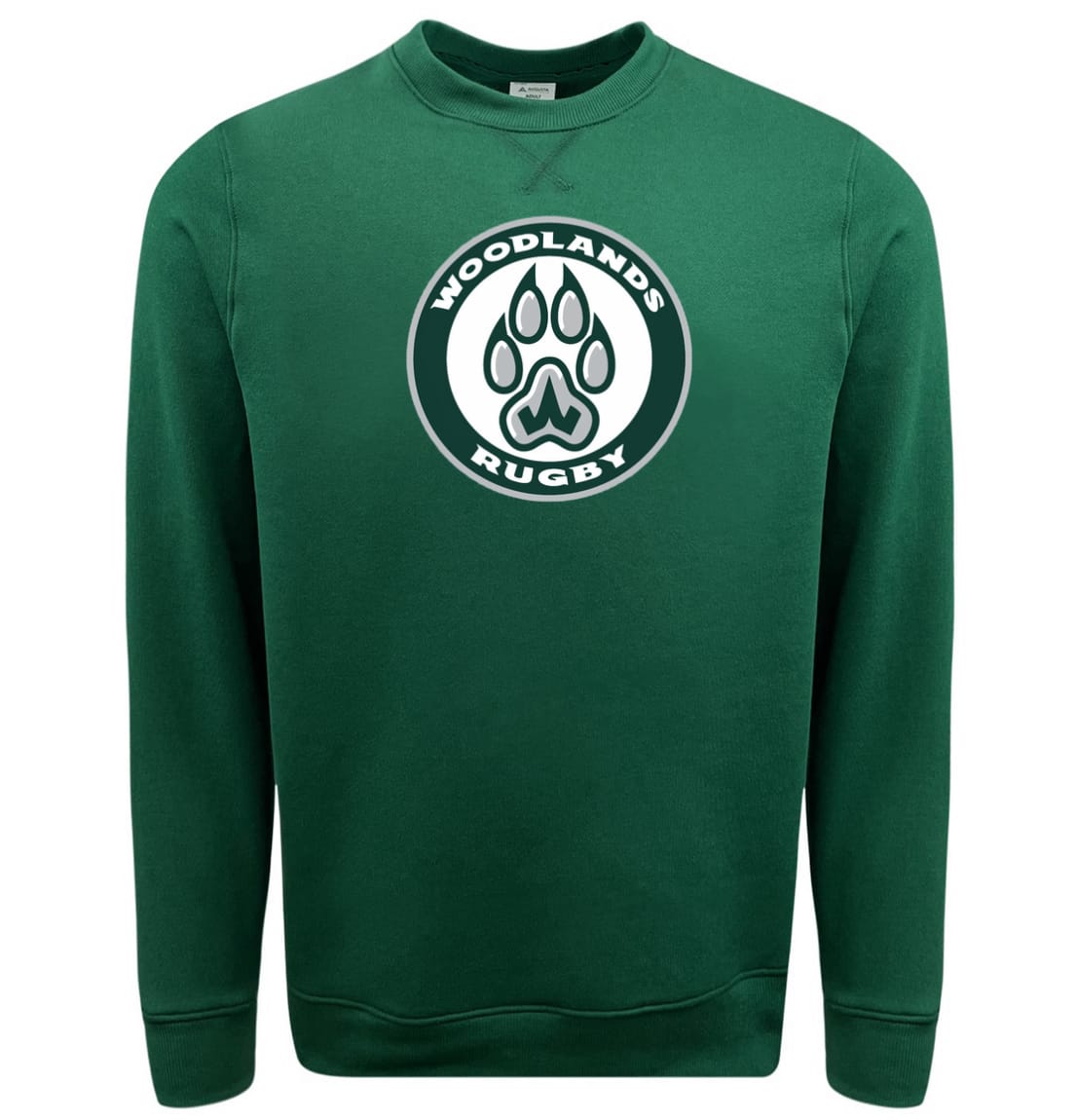 The WRS Augusta Woodlands Youth Paw Print Crewneck Sweatshirt is a green athletic fleece featuring a front circular "Woodlands Rugby" logo with a central paw print.