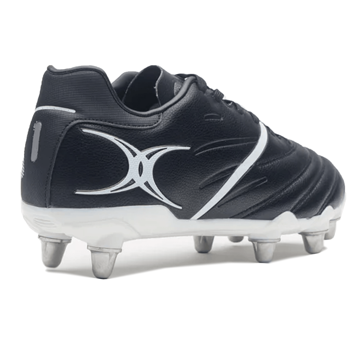 The Gilbert Sidestep X20 8S Power SG - Black/White is a sports cleat with metal studs, designed for soft ground surfaces to enhance power performance.