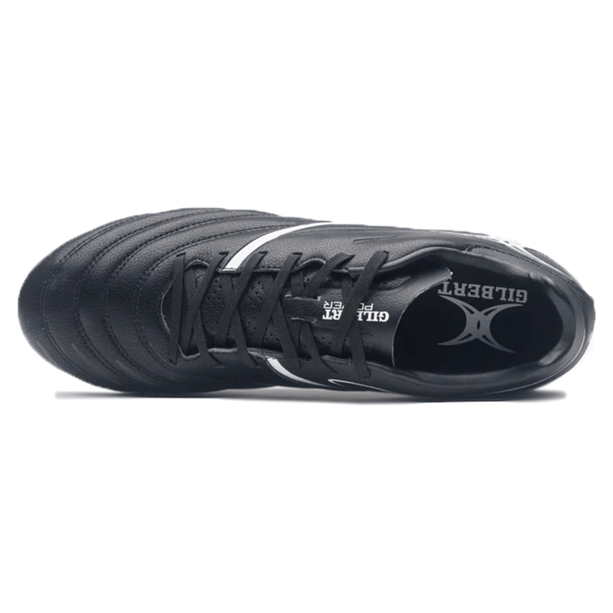 A top-view of the Gilbert Sidestep X20 8S Power SG - Black/White reveals a black athletic rugby boot with white accents, showcasing the "Gilbert" brand name on the insole, engineered for power and performance on soft ground.