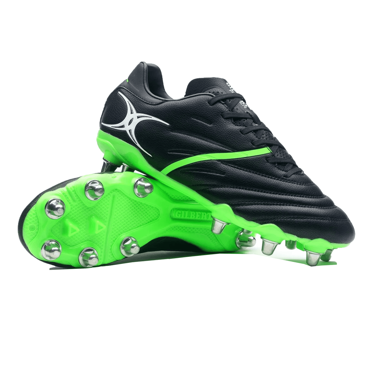 A pair of Gilbert Sidestep X20 8S Power SG boots in Black/Fizz Green with metallic studs, offering stability and traction, positioned one on top of the other on a white background.