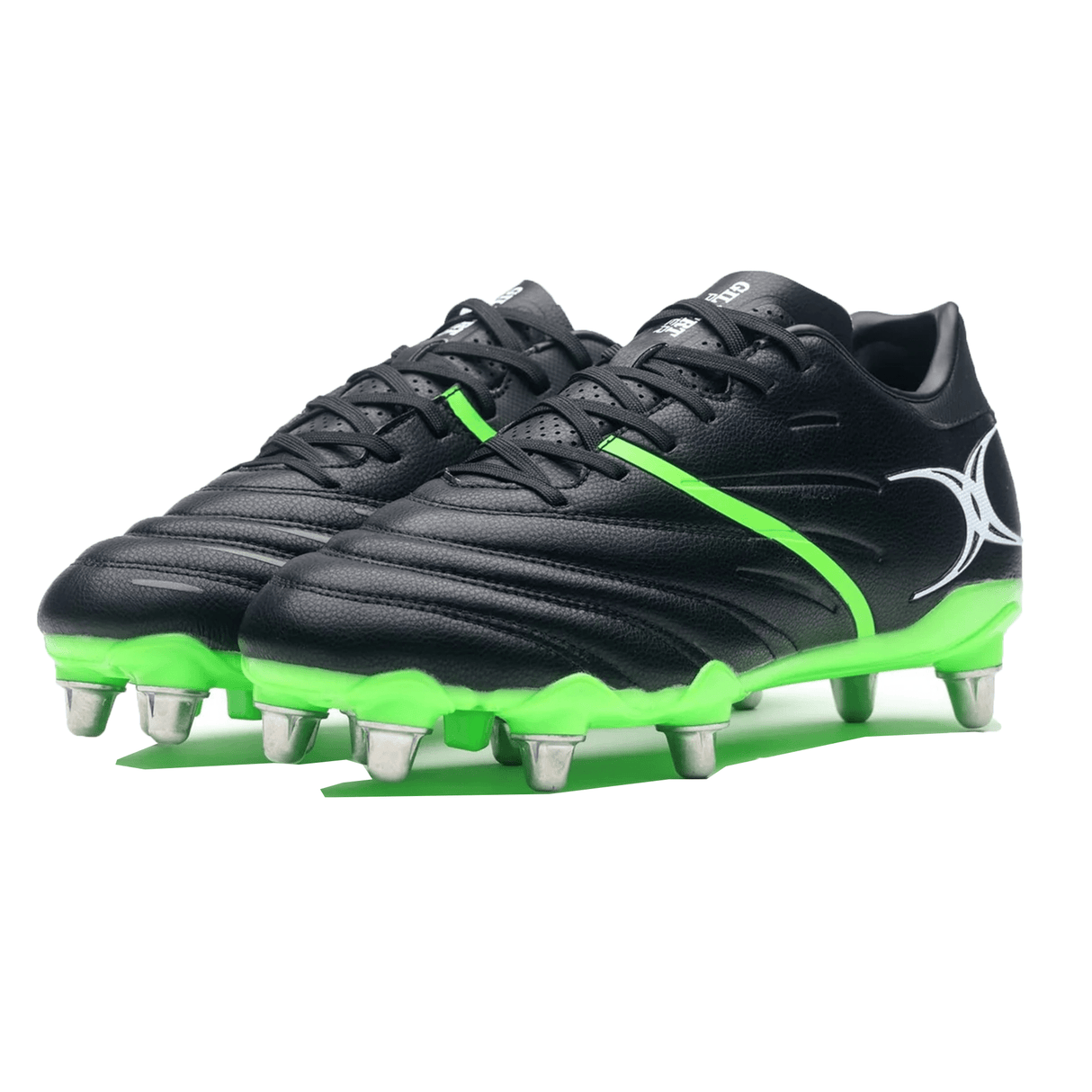 The Gilbert Sidestep X20 8S Power SG rugby boots in black and fizz green, featuring a white logo on the sides and metal studs, offer exceptional stability and traction, isolated on a white background.