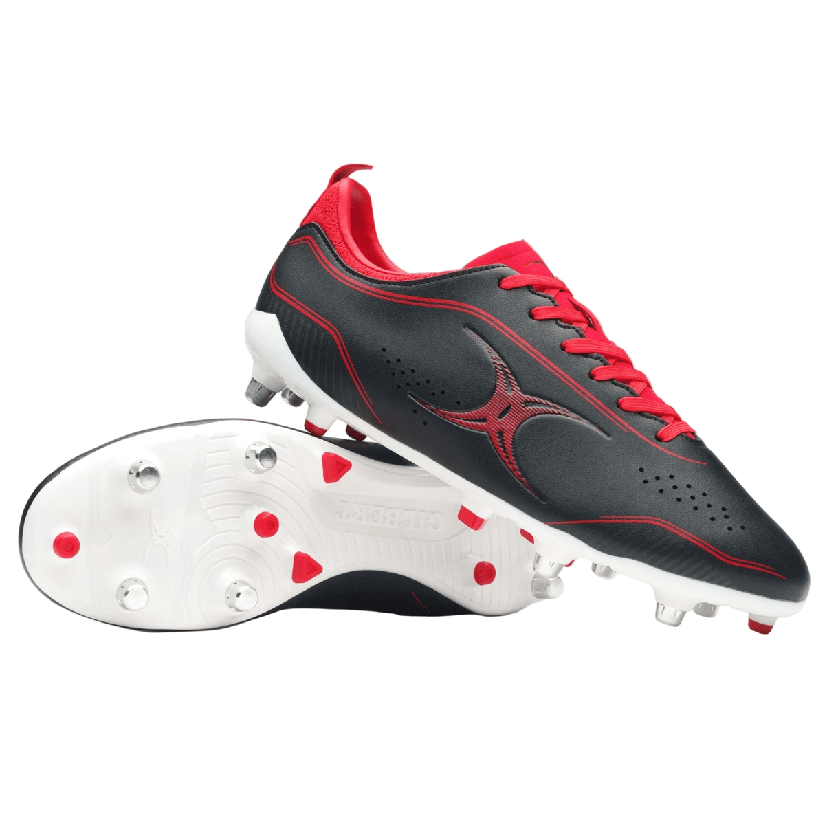 A pair of Gilbert Cage Torq 6S SG rugby boots in black and red, featuring white soles with metal studs; one boot stands upright while the other lies on its side showing the sole.