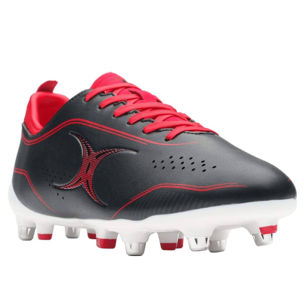 The Gilbert Cage Torq 6S SG in black and red boasts red laces, silver metal studs, and a striking "X" logo—an ideal lightweight rugby boot for agile backs needing top performance on soft ground.