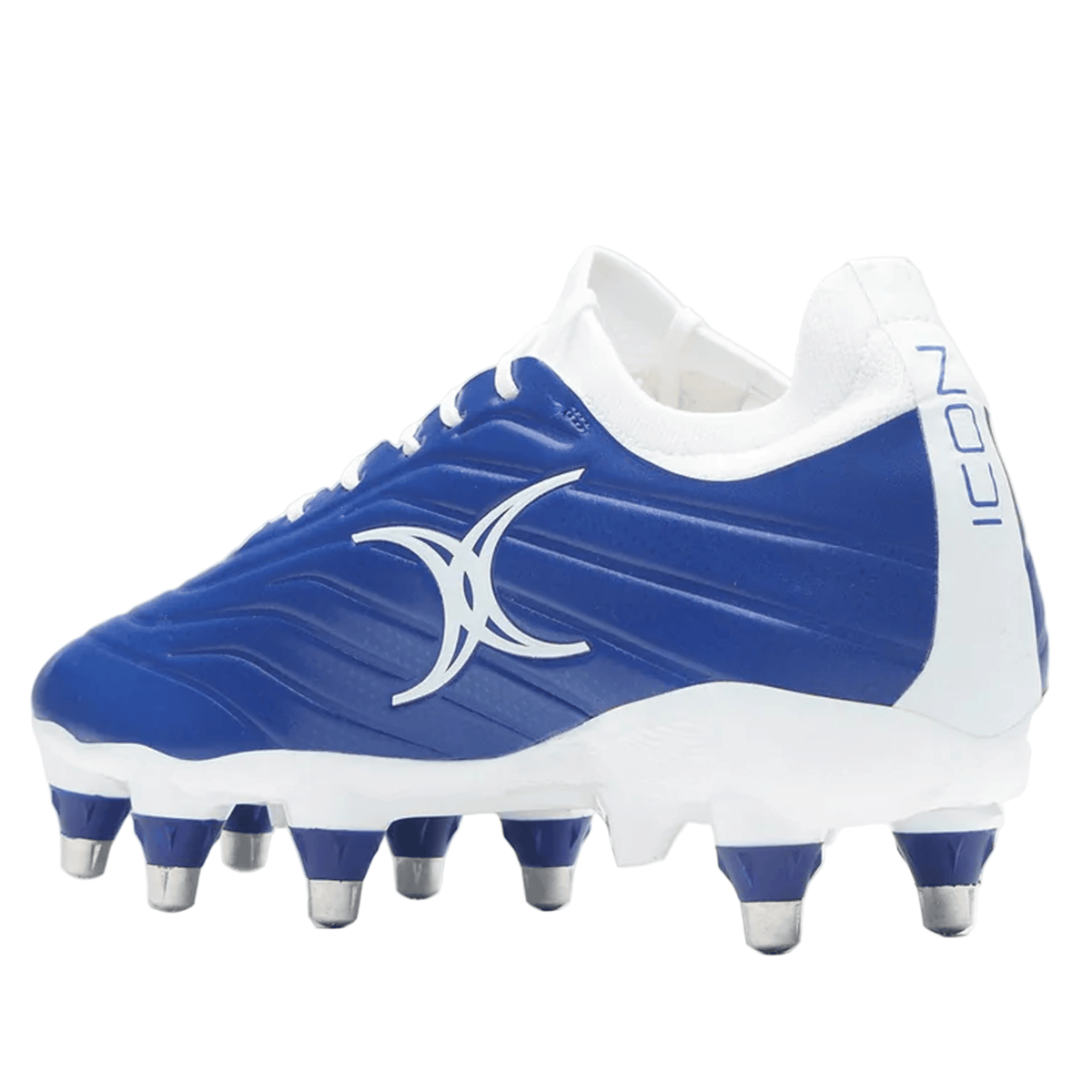 The Icon Power 8S V2 SG by Gilbert is a blue rugby boot with metal-tipped studs, a bold white side logo, and "ICON" printed on the heel.