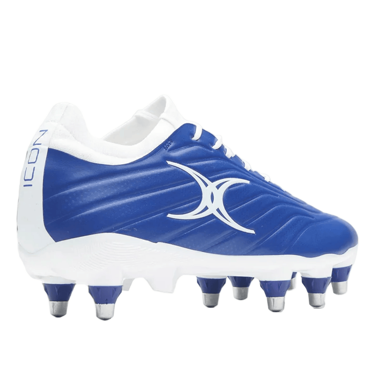 The Gilbert Icon Power 8S V2 SG boot in blue features six metal studs and a bold white "ICON" label on the heel.