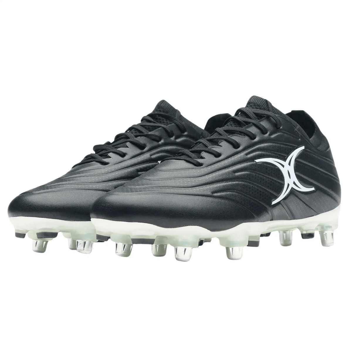 The Gilbert Icon X 6S SG rugby boots in black, featuring white accents and metal studs, are designed for forwards and ideal for soft ground. Displayed on a white background.