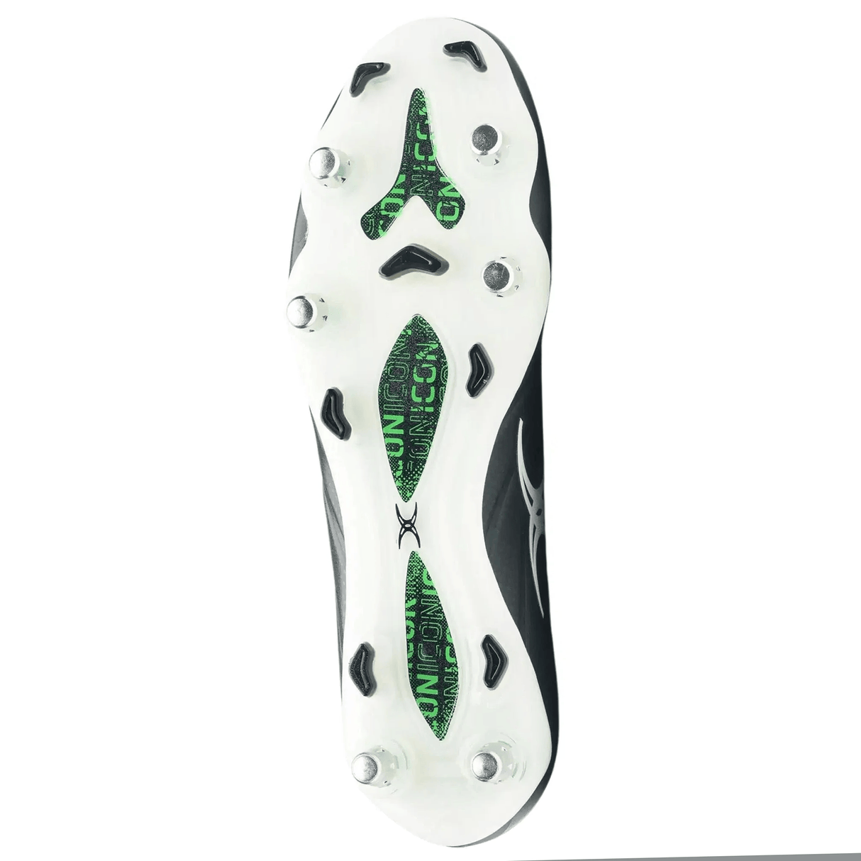 The Gilbert Icon X 6S SG - Black by Gilbert has a white-based sole with six metal studs, extra black rubber grips—perfect for forwards. A transparent section reveals green text, enhancing its sleek black soft ground soccer cleat design.