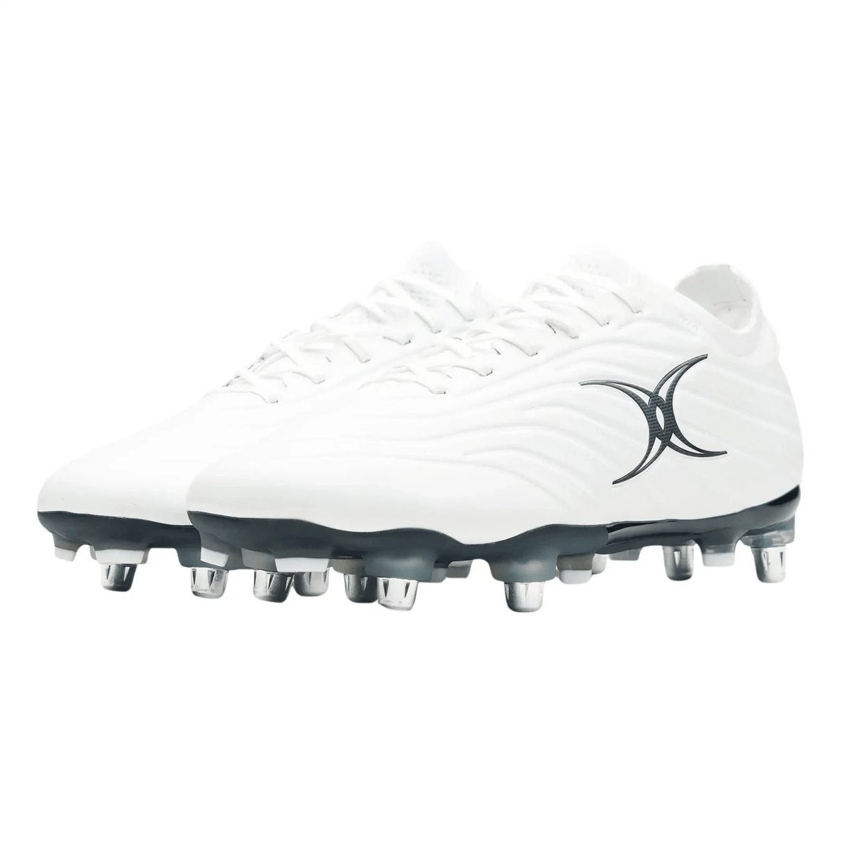 The Gilbert Icon X 6S SG rugby boots in white feature metallic studs and a black stylized "X" logo, ideal for forwards on soft ground, displayed on a plain white background.