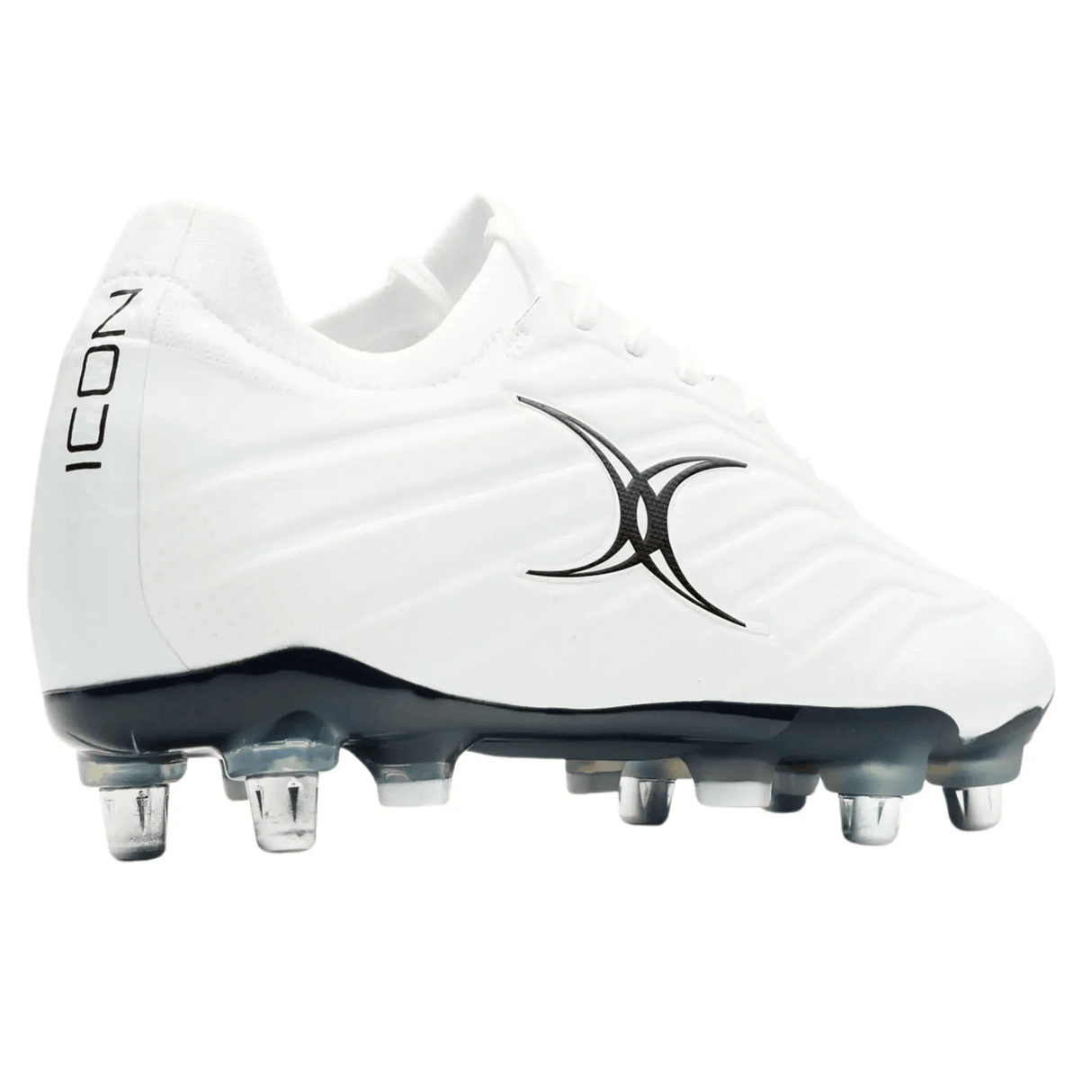 The Gilbert Icon X 6S SG - White is a white soft ground rugby boot with black accents, "ICON" on the heel, a stylized black logo on the side, and six transparent studs—ideal for forwards.