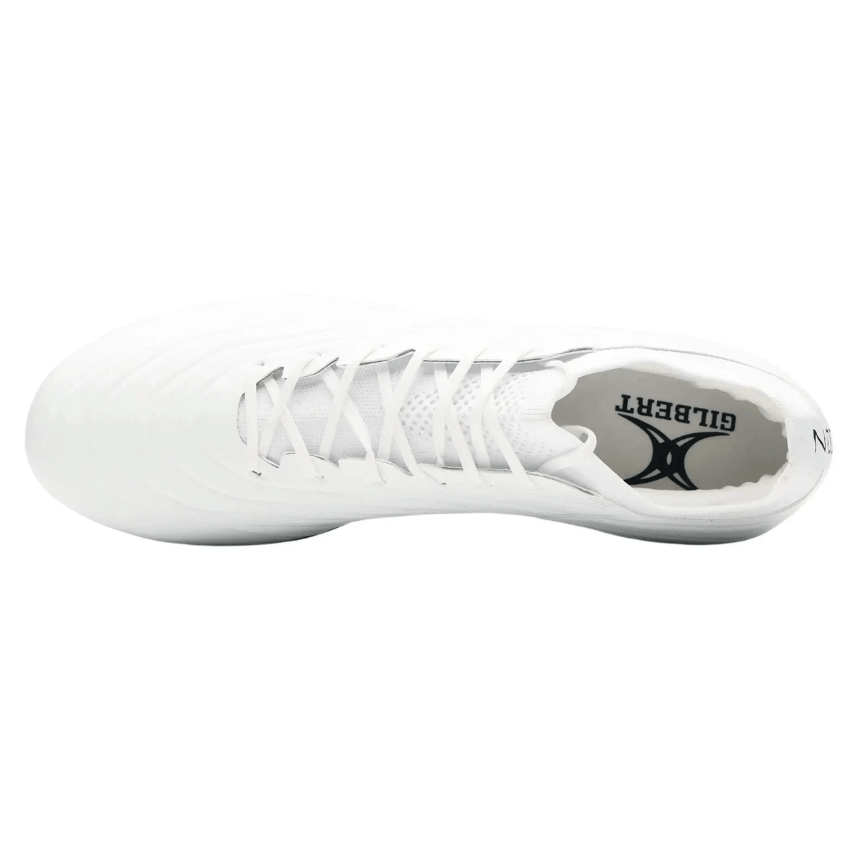 Top view of the Gilbert Icon X 6S SG rugby boot in white, featuring laces and "GILBERT" on the insole; designed for forwards and ideal for soft ground.
