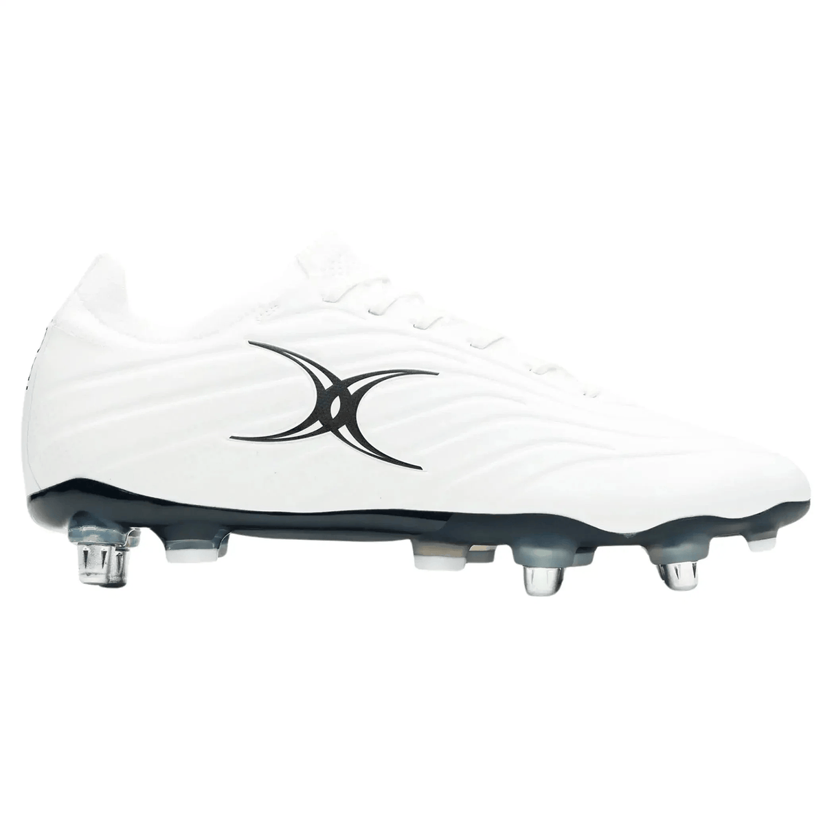 The Gilbert Icon X 6S SG - White is a white soft ground soccer cleat with black accents and a black abstract logo, featuring metal studs for reliable traction—perfect for forwards.