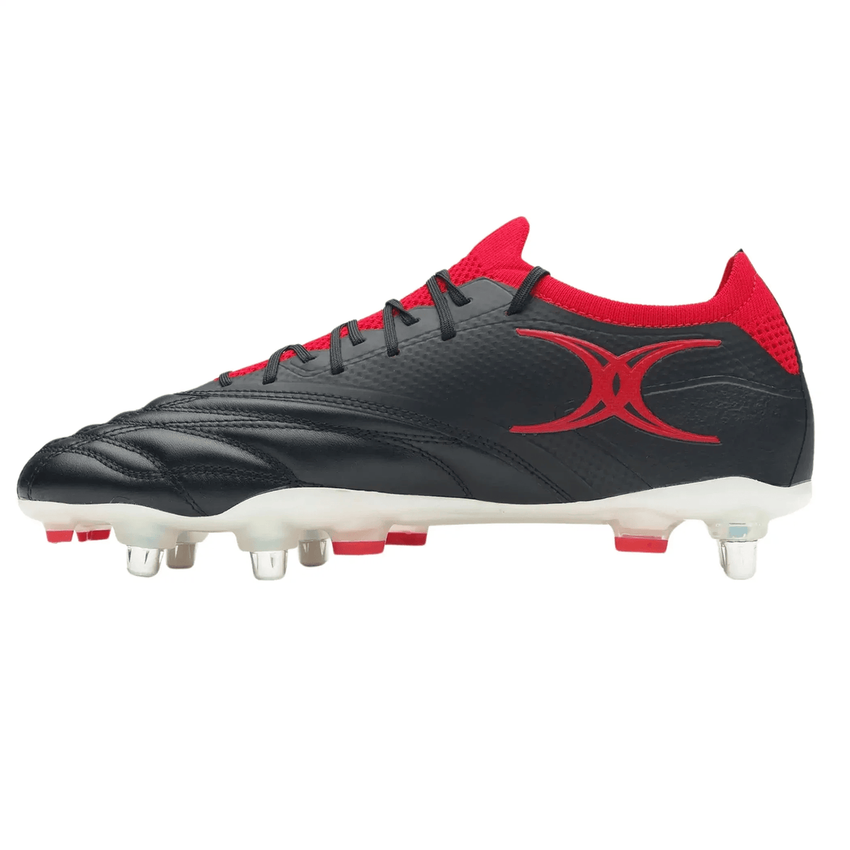 The Gilbert Icon Players 6S SG - Black by Gilbert is a black soft ground soccer cleat with red accents, laces, and logo, plus metal and plastic studs on a white sole—ideal for elite players seeking peak performance.
