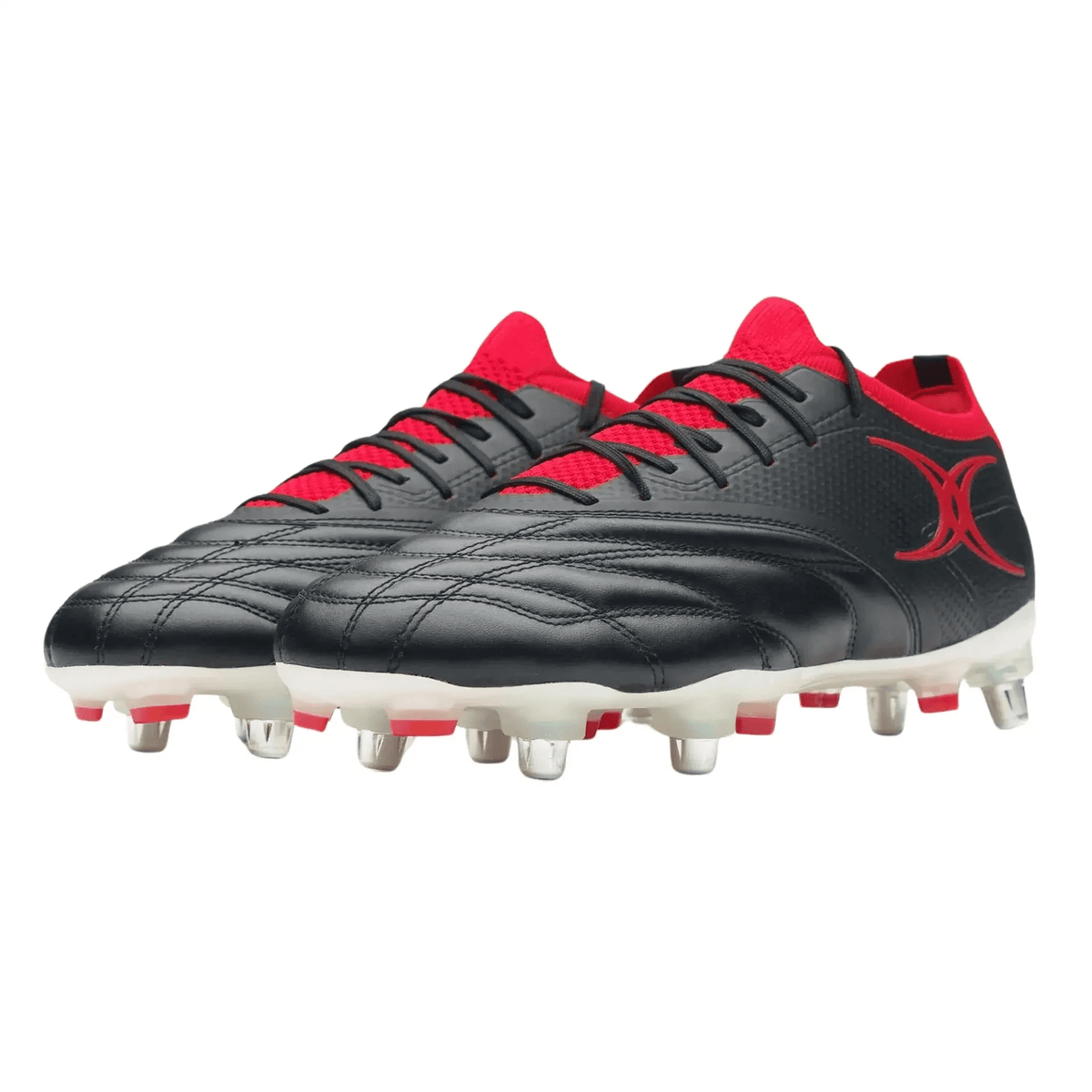The Gilbert Icon Players 6S SG rugby boots by Gilbert feature a black design with red details, metal studs for soft ground, and are crafted for elite players. Shown against a white background.