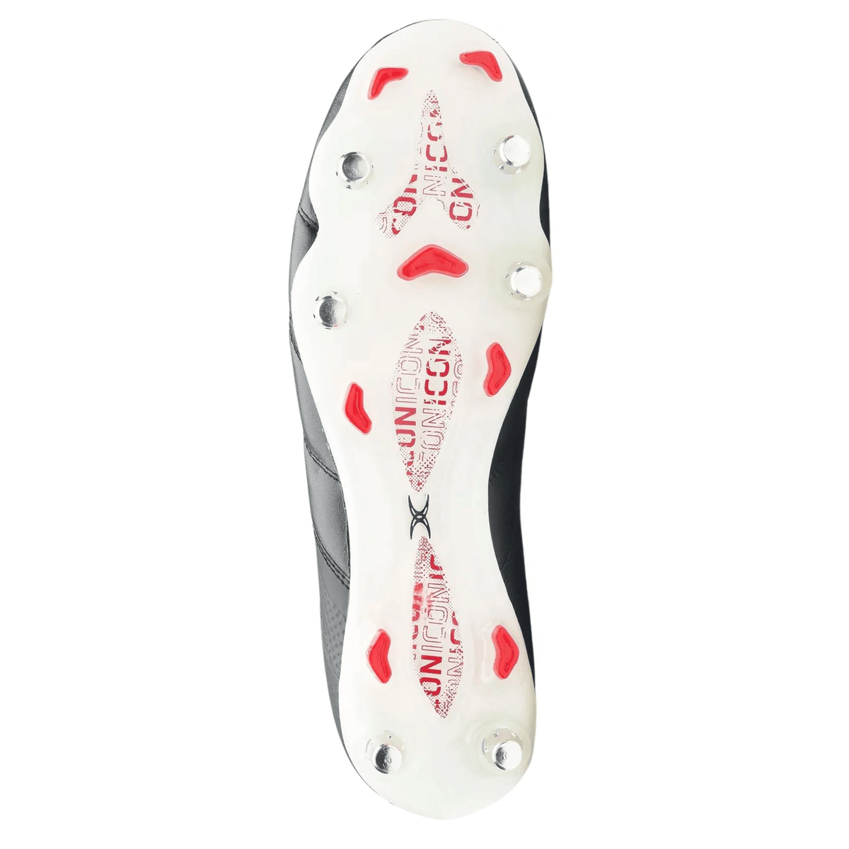 The image shows the underside of the Gilbert Icon Players 6S SG rugby boot in black by Gilbert, featuring a white sole with six metal studs and red grip elements, designed for elite performance on soft ground.