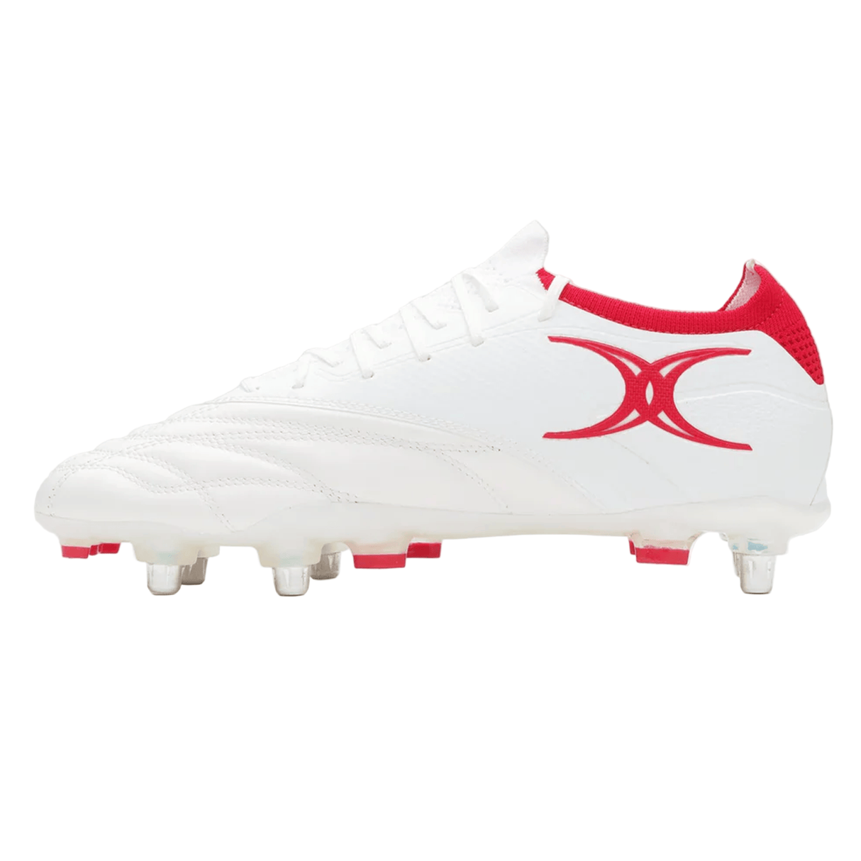 The Gilbert Icon Players 6S - White by Gilbert is a white soccer cleat with red accents and a red side logo, featuring metal-tipped studs ideal for soft ground, designed for elite players.