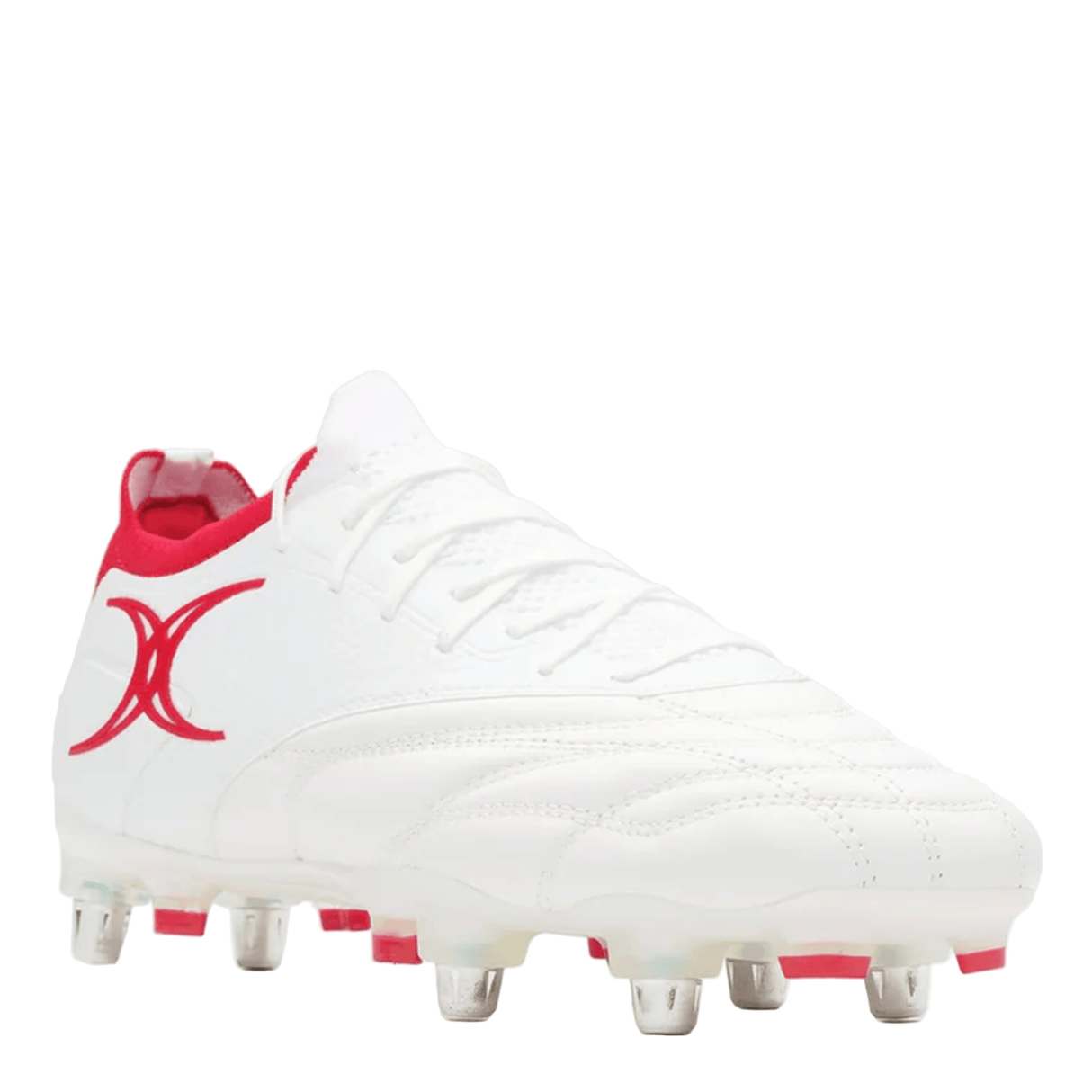 The Gilbert Icon Players 6S - White soccer cleat by Gilbert features red accents, metal studs for soft ground, a red side logo, and a lace-up design—perfect for elite players seeking top performance.