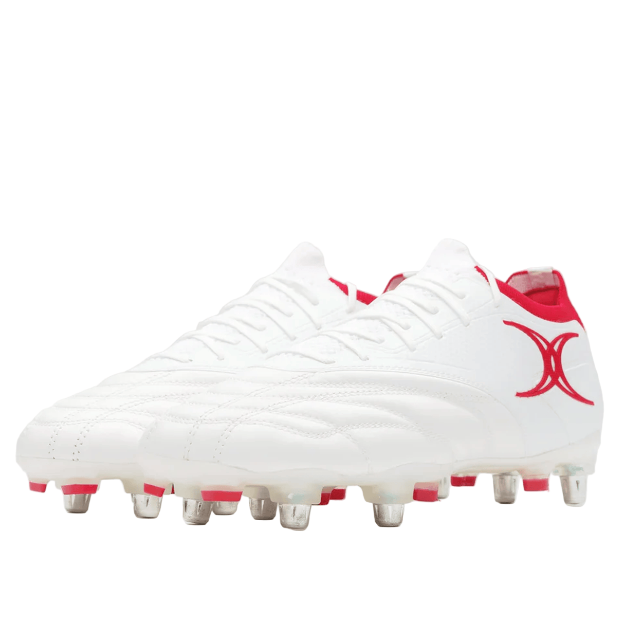 The Gilbert Icon Players 6S rugby boots by Gilbert feature a white design with red accents, metallic studs for superior grip on soft ground, and a bold red side logo—perfect for elite players.