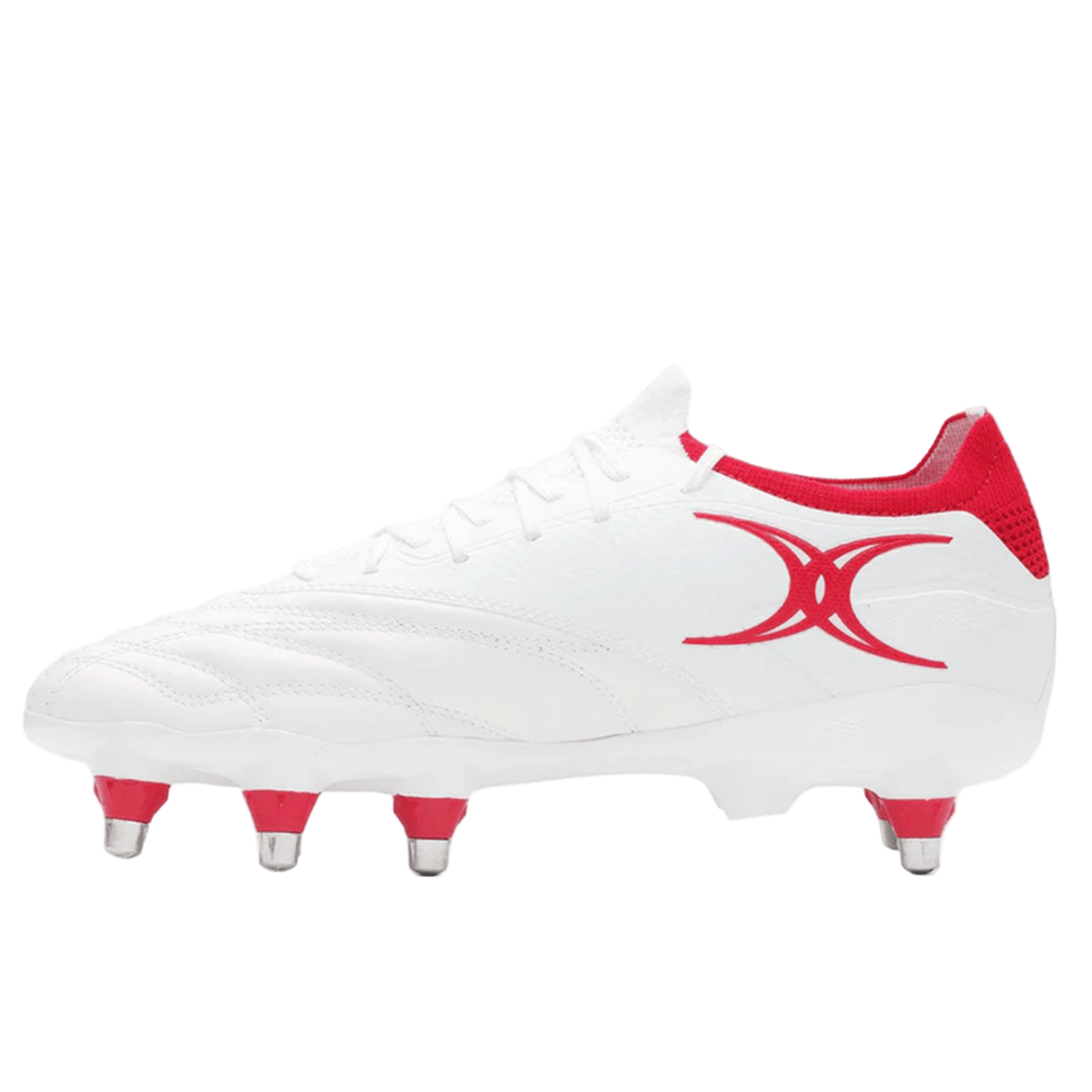 The Gilbert Icon Players 8S - White rugby boot by Gilbert, featuring red accents, a red logo, and eight metal studs for forwards, is displayed against a plain white background.