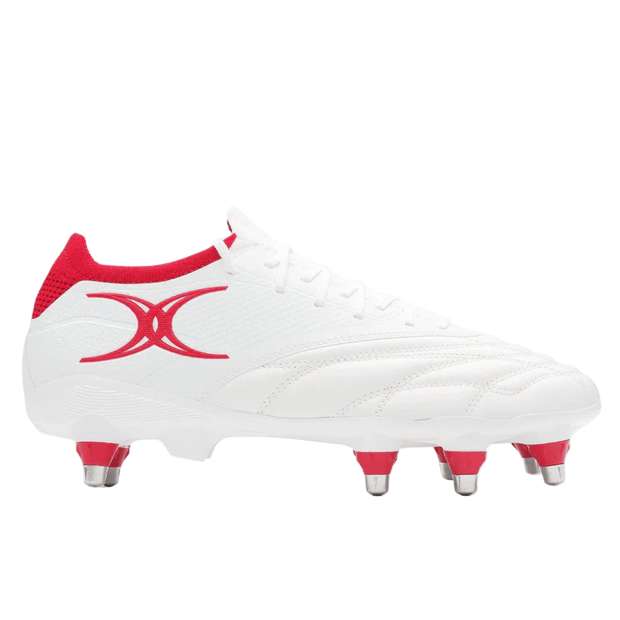 The Gilbert Icon Players 8S - White is a soft ground rugby boot by Gilbert, featuring red accents, metal studs, and a red side logo—perfect for forwards seeking grip and support. Photographed on a plain white background.