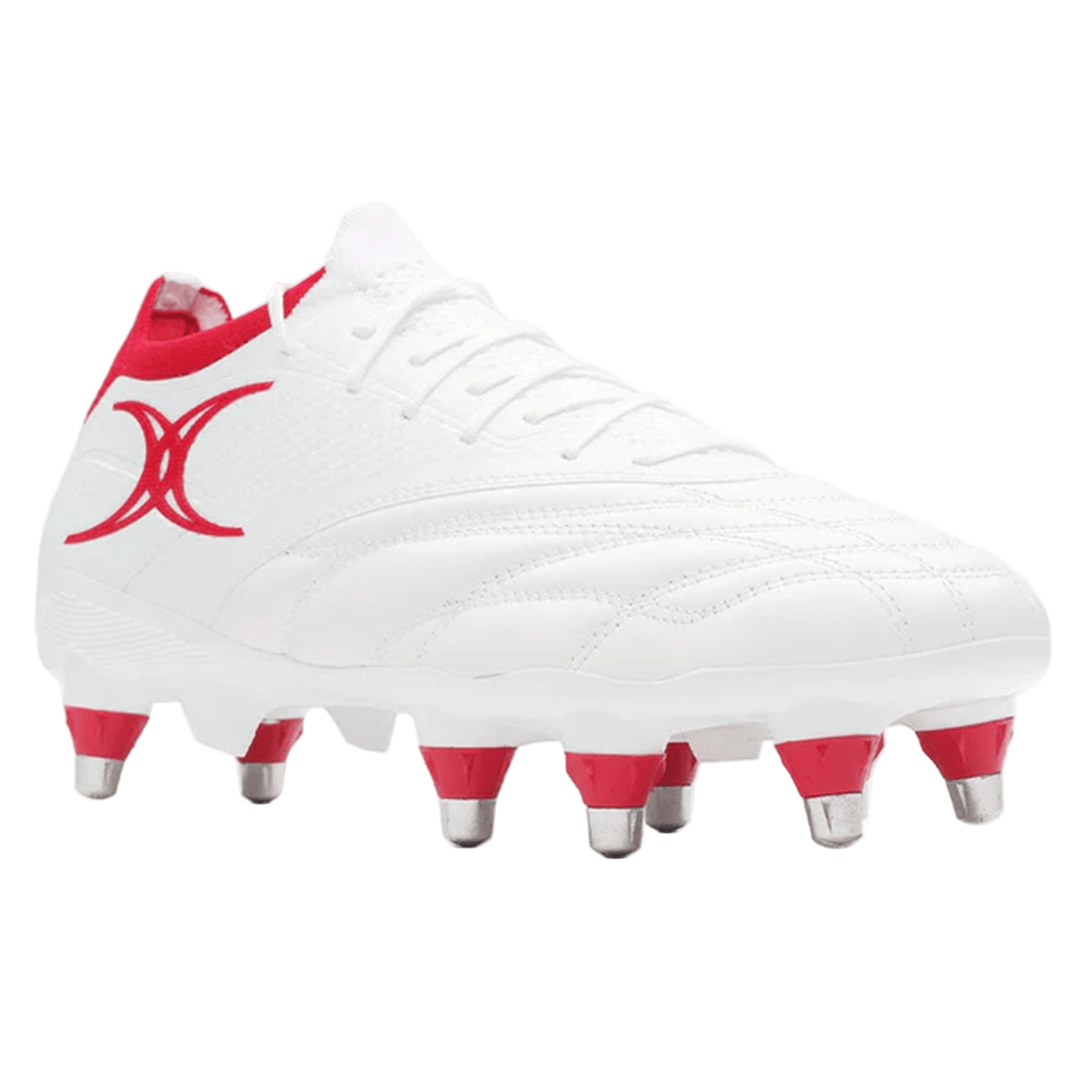 The Gilbert Icon Players 8S - White is a white rugby boot with red accents, metal studs, and a red Gilbert logo on the side, shown against a plain white background.