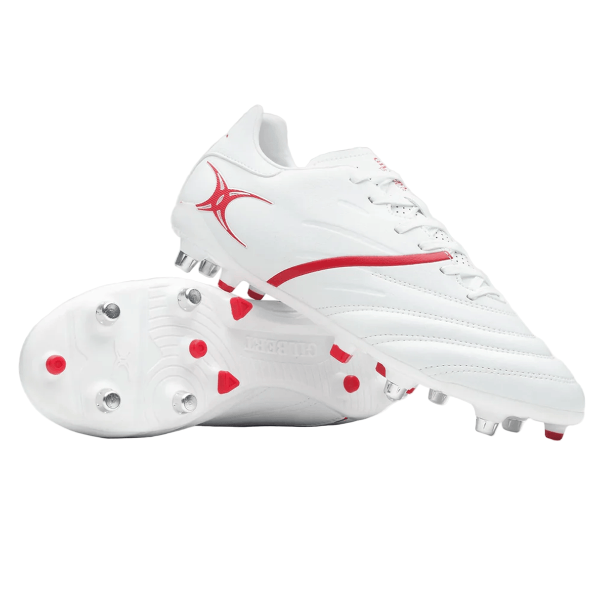 The Gilbert Sidestep X20 6S Power boots in white/red feature metal and plastic studs—one boot upright, the other showing the sole—perfect for speed-focused players.