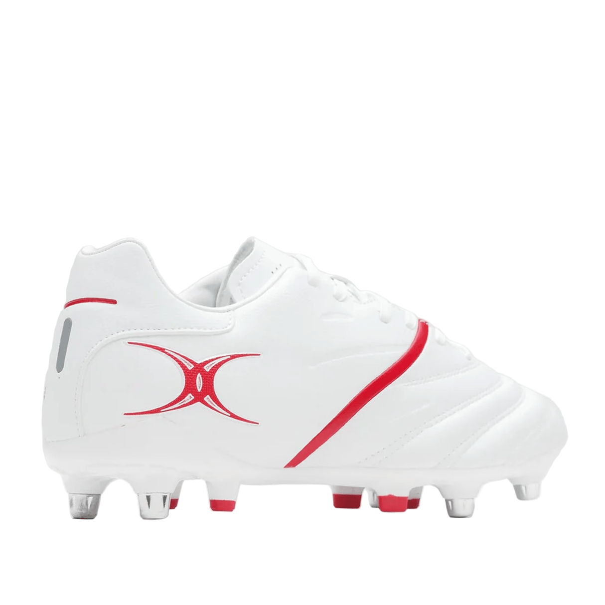 The Gilbert Sidestep X20 6S Power by Gilbert is a white soccer cleat with red accents and a silver heel stud, designed for speed-focused players and displayed from the side on a plain white background.