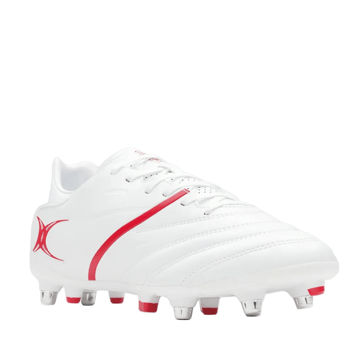 The Gilbert Sidestep X20 6S Power in white and red, a speed-focused soccer cleat with metal studs, is shown against a plain light background.