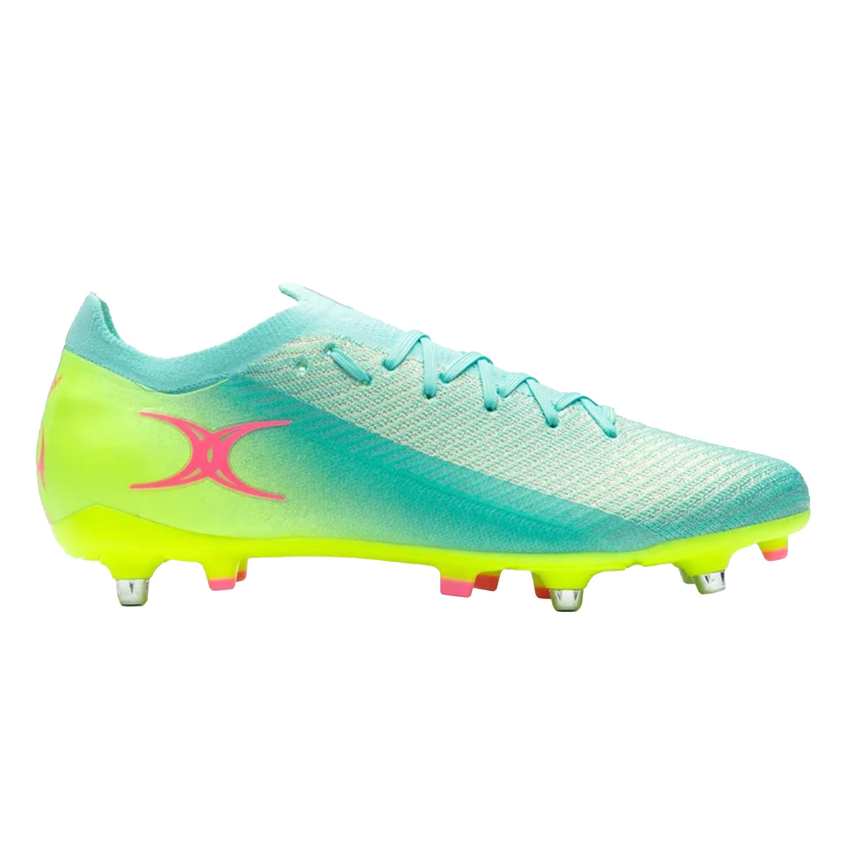The Gilbert Speedster 6S - Aqua by Gilbert, shown on a white background, is an aqua and yellow rugby cleat with pink accents, featuring metal studs and laces. These lightweight shoes are engineered for soft ground, delivering professional-level performance.