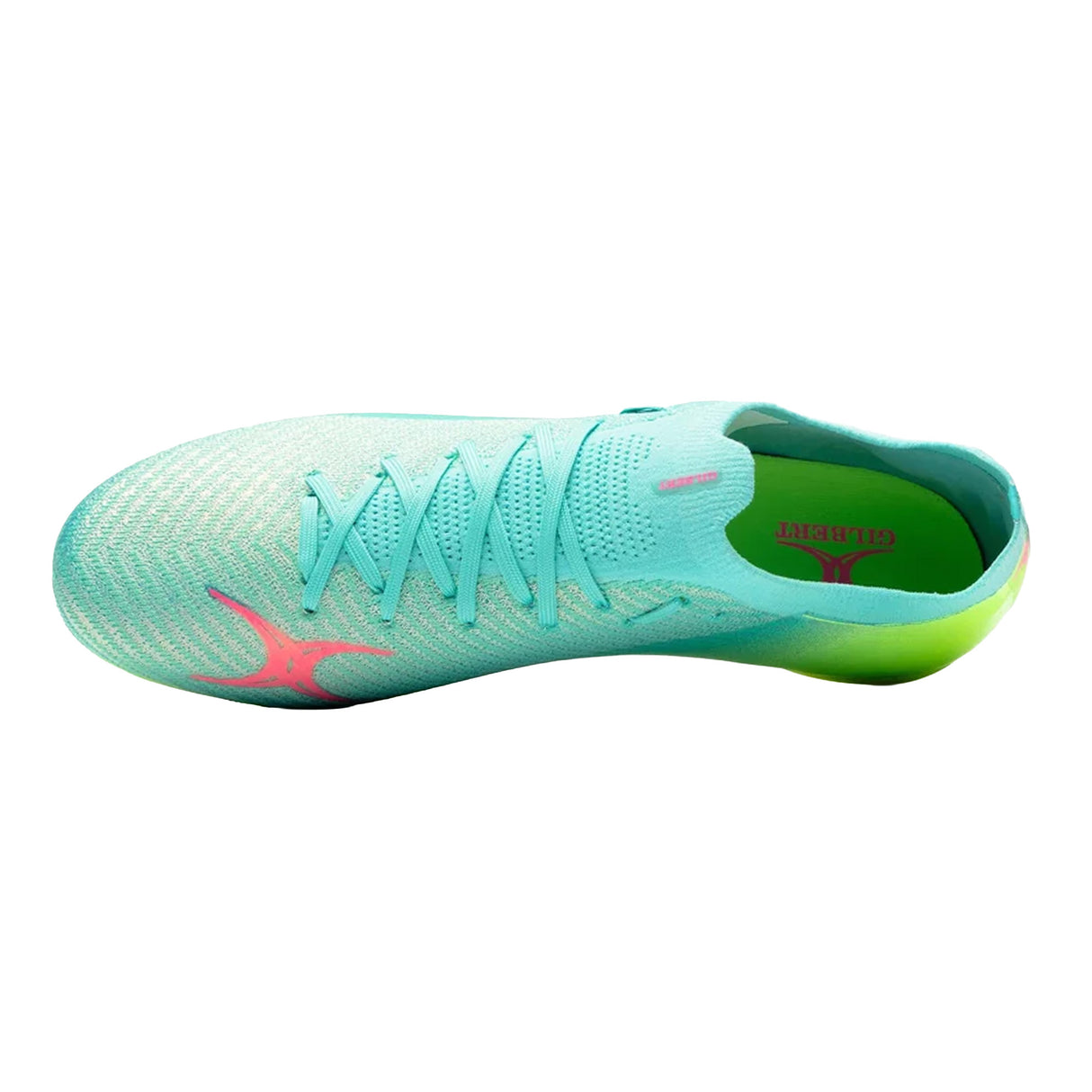 Top view of the Gilbert Speedster 6S - Aqua by Gilbert, a light blue athletic shoe with pink and green accents, featuring laces and a mesh upper design—perfect for players seeking the agility of rugby boots combined with innovative features like the speedplate HYB for superior performance on soft ground.