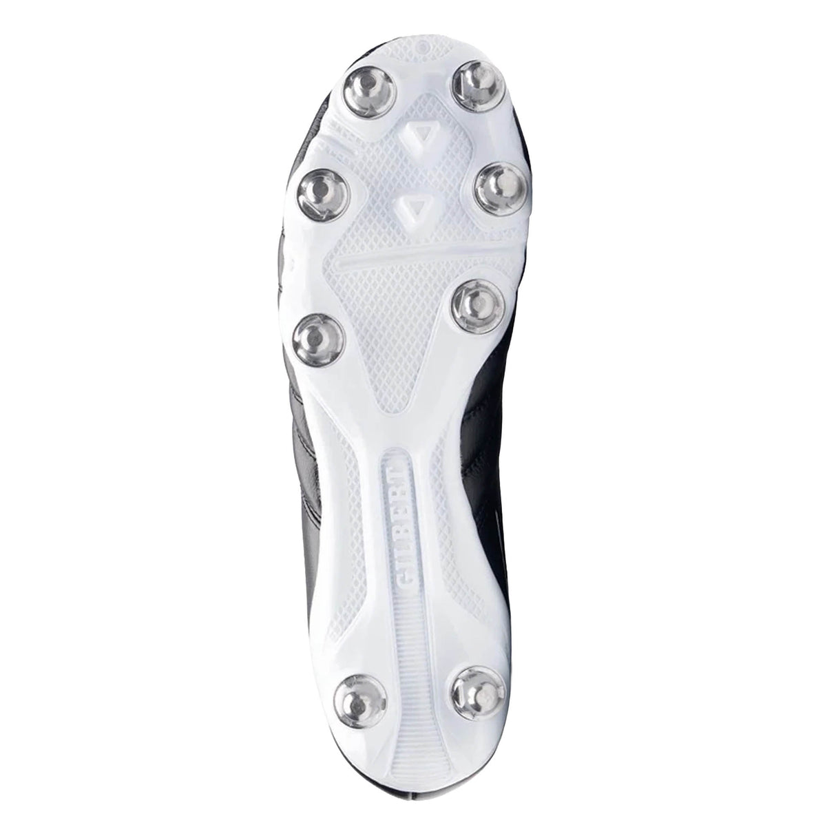 Bottom view of the Gilbert Sidestep Icon 8S SG rugby boot in Black/White, featuring six metal studs, embossed Gilbert branding, and textured grip patterns on the sole for enhanced traction on soft ground.