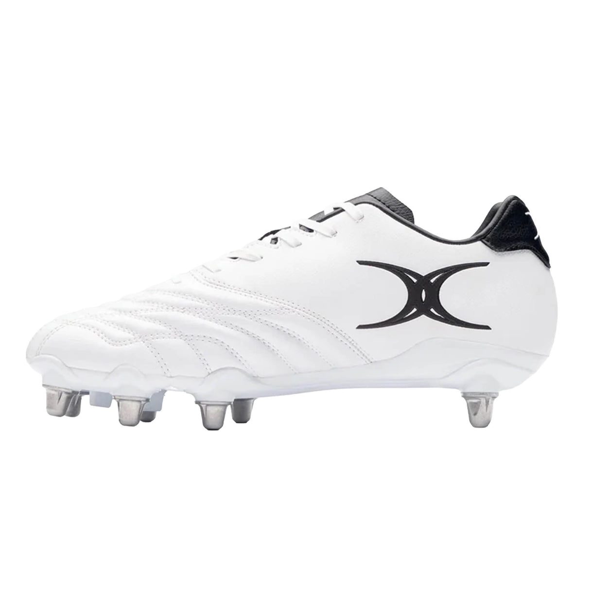 The Gilbert Sidestep Icon 8S SG rugby boots by Gilbert feature a white upper with black logo detailing on the side, black accents around the heel and tongue, and a secure 8-stud metal sole configuration for reliable traction and style on the field.
