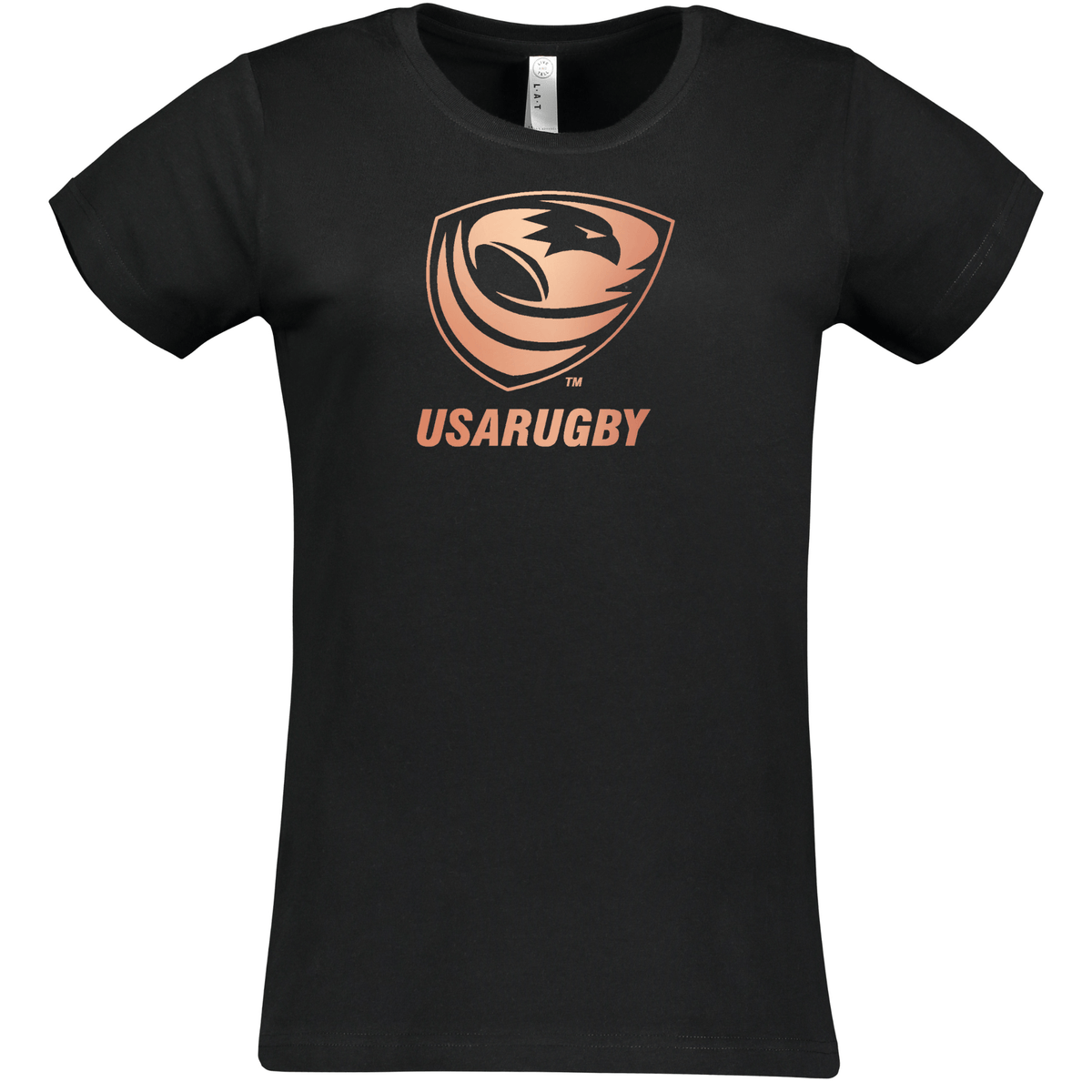 The Women's USA Rugby Bronze Supersoft T-Shirt by WRS LAT features a luxurious, comfortable feel and proudly displays the USA Rugby logo with an eagle and "USARUGBY" text in orange. It's perfect for stylishly supporting the USA Women's Sevens team.