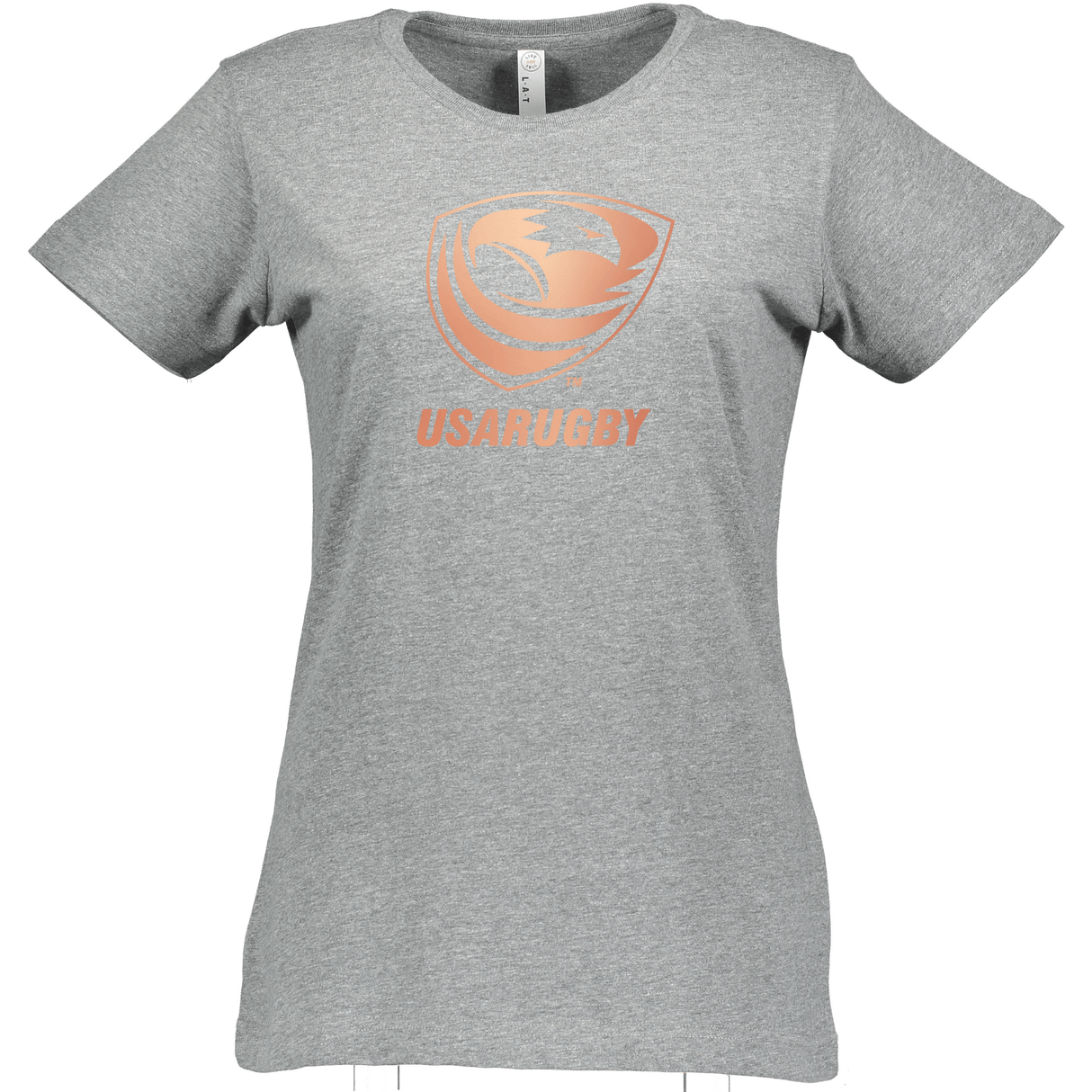 The Women's USA Rugby Bronze Supersoft T-Shirt by WRS LAT features the USA Rugby logo and text printed in vibrant orange on the chest, offering a stylish and sporty look.