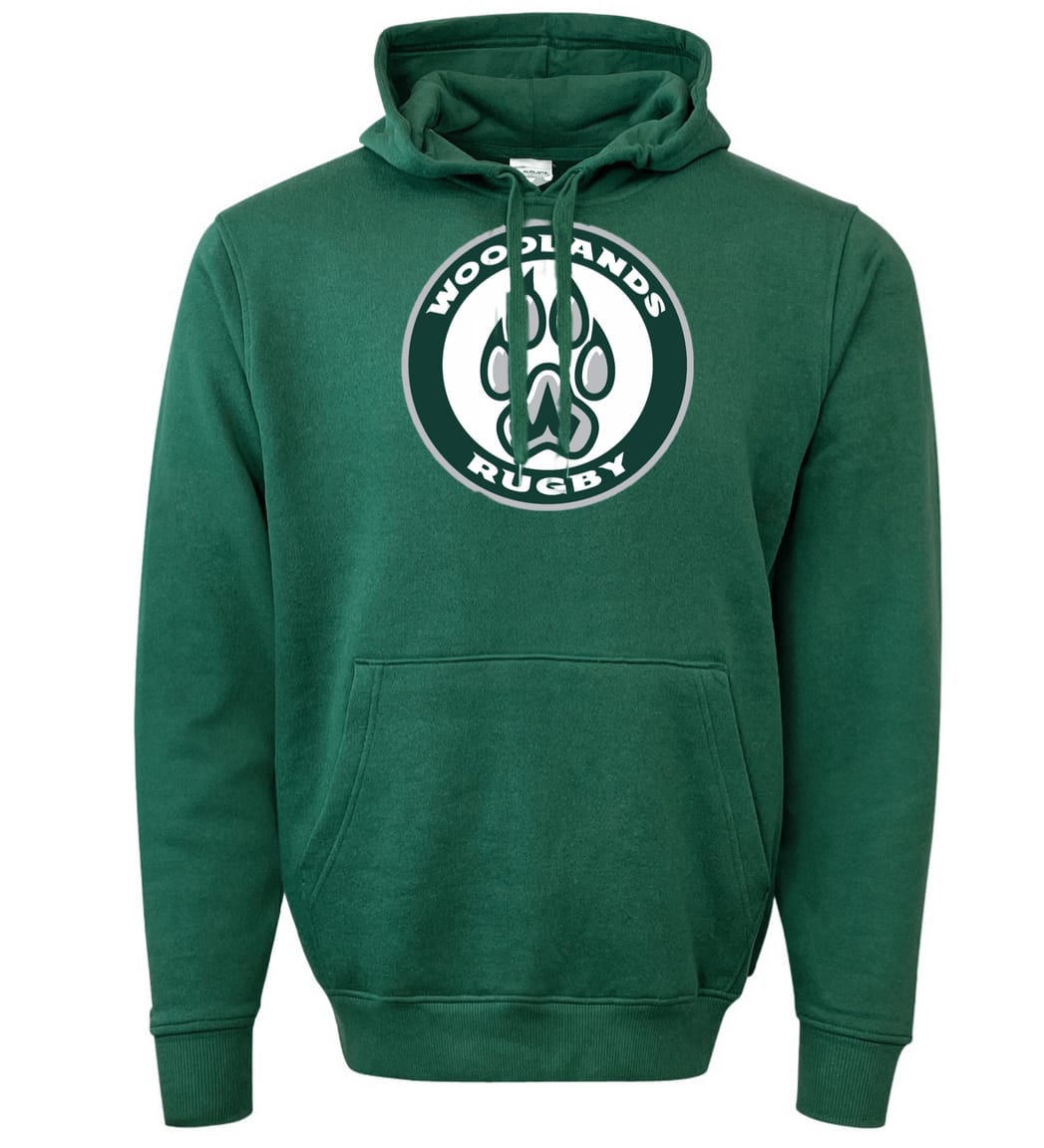 The Woodlands Youth Center Chest Paw Print Hoodie by WRS Augusta features a circular "Woodlands Rugby" logo with a paw print on the chest, crafted from athletic fleece for comfort and style.