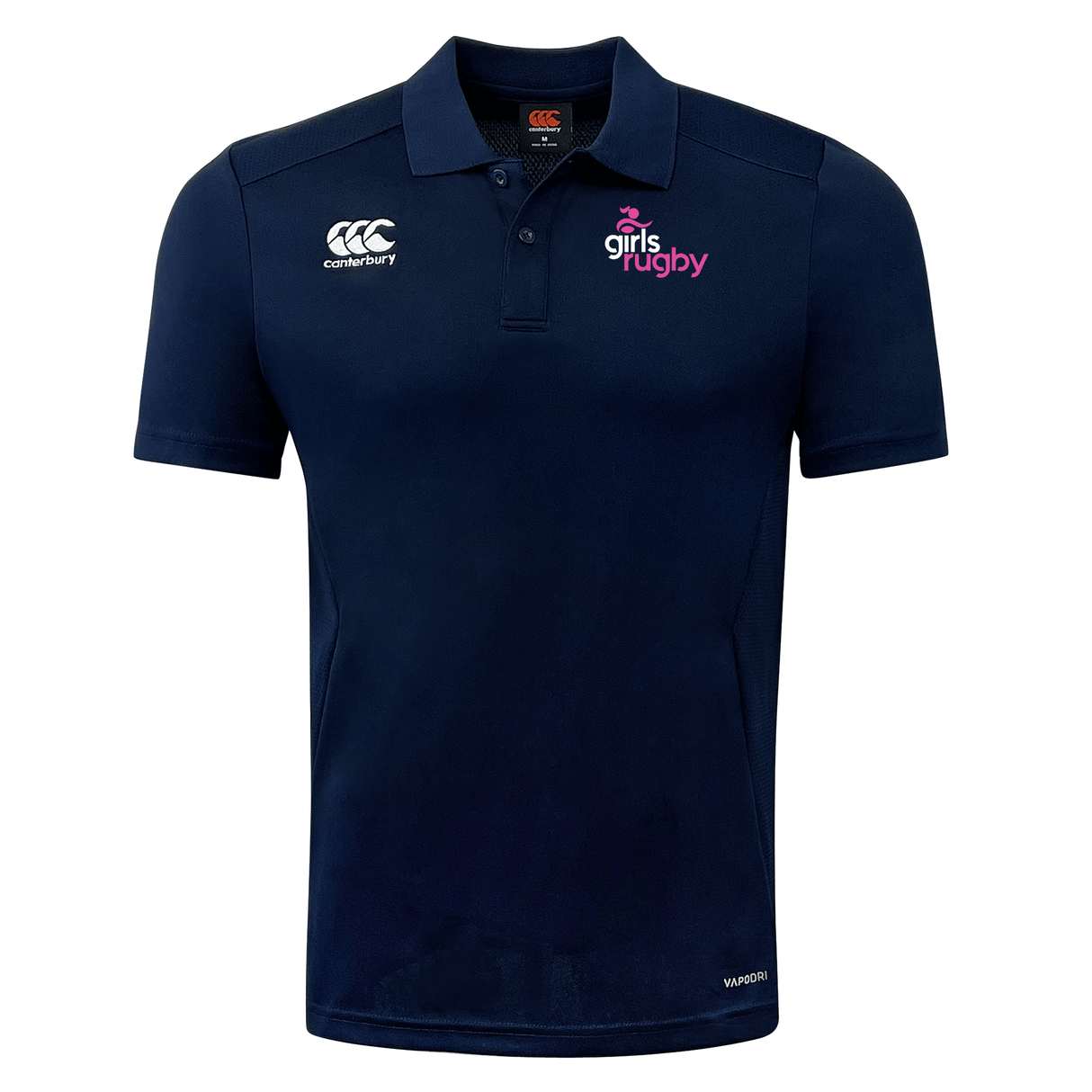 The Girls Rugby Club Dry Polo by EMB Canterbury is a navy blue, short-sleeve shirt with "Canterbury" and "girls rugby" logos, featuring Vapodri technology for breathable comfort.