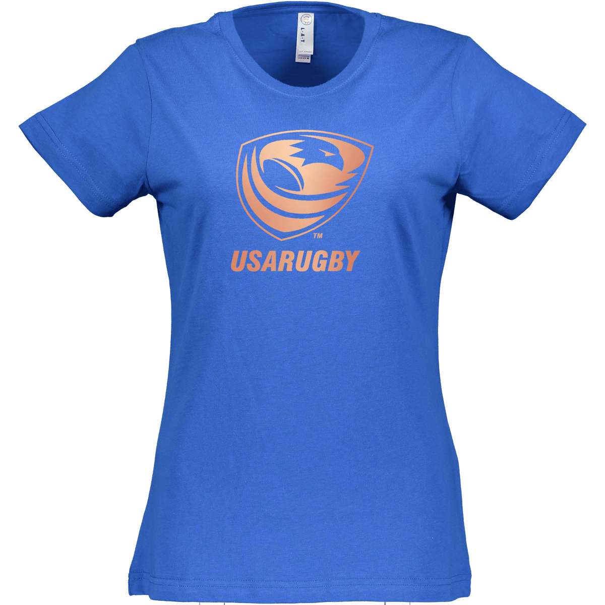 Introducing the Women's USA Rugby Bronze Supersoft T-Shirt by WRS LAT, designed in blue with a distinctive orange rugby ball and eagle logo, and the text "USARUGBY" boldly displayed in vibrant orange.