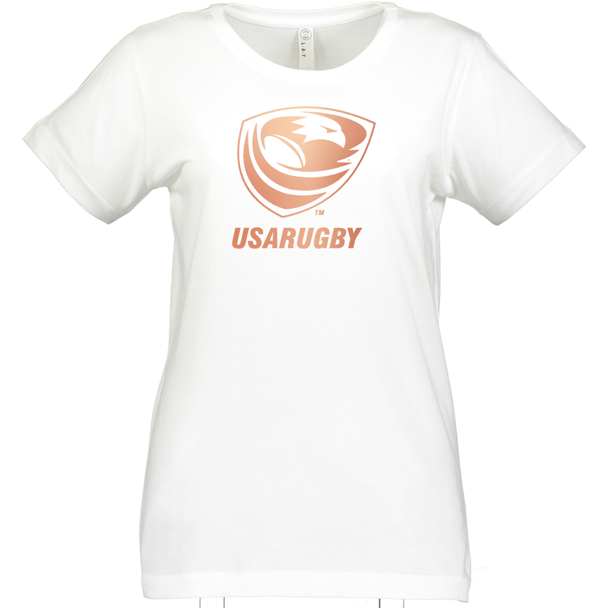 Women's USA Rugby Bronze Supersoft T-Shirt by WRS LAT: White short-sleeved, ultra-soft tee featuring a bronze logo of an eagle and the text "USA Rugby" in orange on the chest.