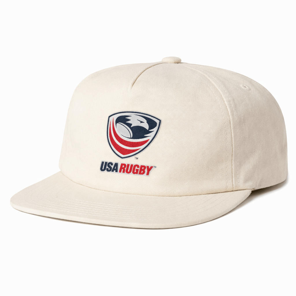 The EMB Weld USA Rugby Crest Brushed Cotton Cap features the USA Rugby logo and text embroidered on the front—a stylish pick for fans and players.