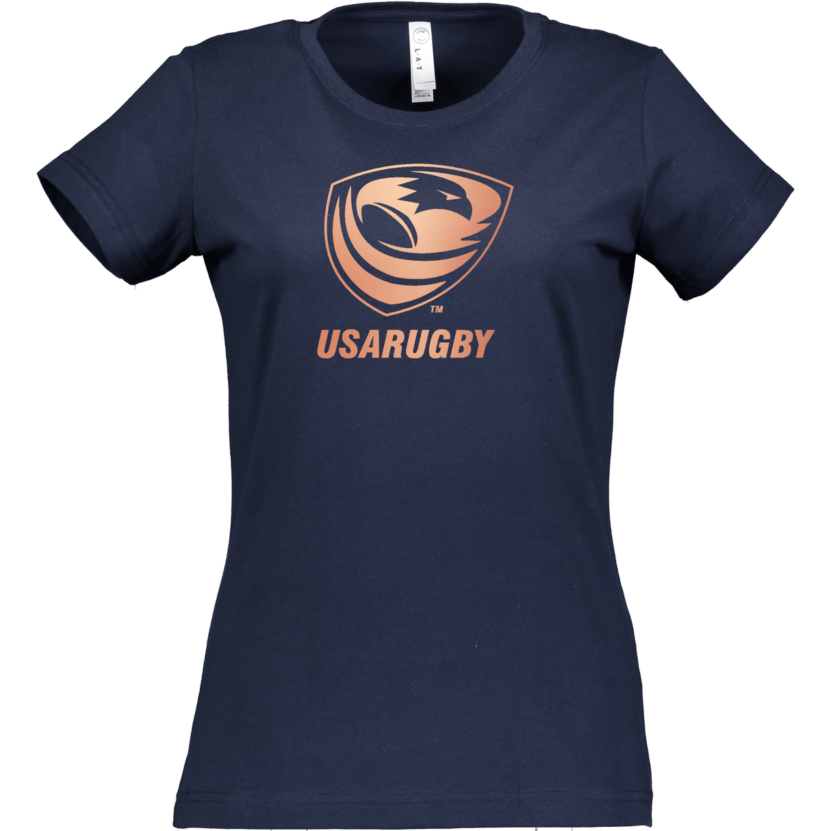 The Women's USA Rugby Bronze Supersoft T-Shirt from WRS LAT showcases the USA Rugby logo with an eagle's head at the center in navy blue, celebrating the team's bronze medal achievements.