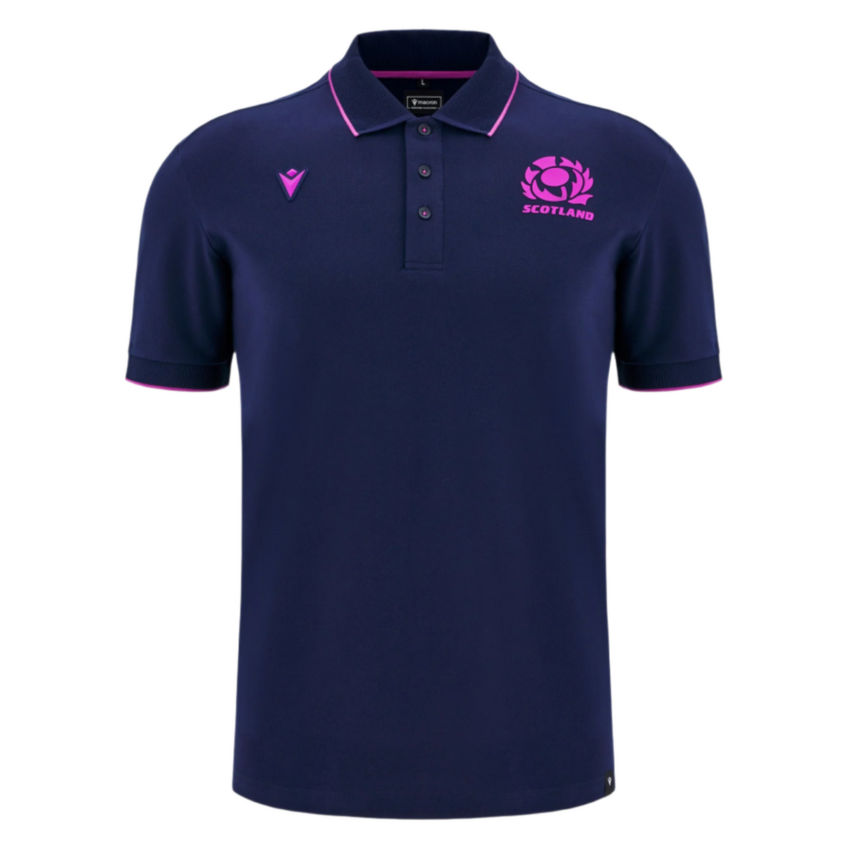 The Scotland 25/26 Player Travel Cotton Polo by Macron features navy blue with pink accents, Scottish Rugby crest, and sponsor logo on the chest. This classic polo is crafted from quality cotton by Macron.